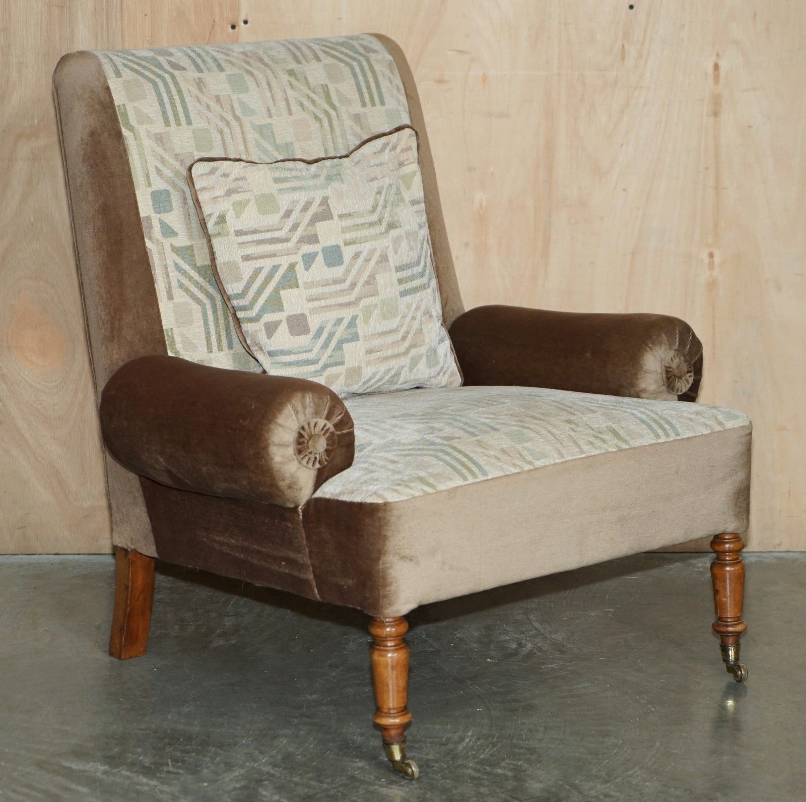 Pair Of Antique Edwardian 1910 Walnut Framed Brass Castors Bolster Arm Armchairs photo furniture