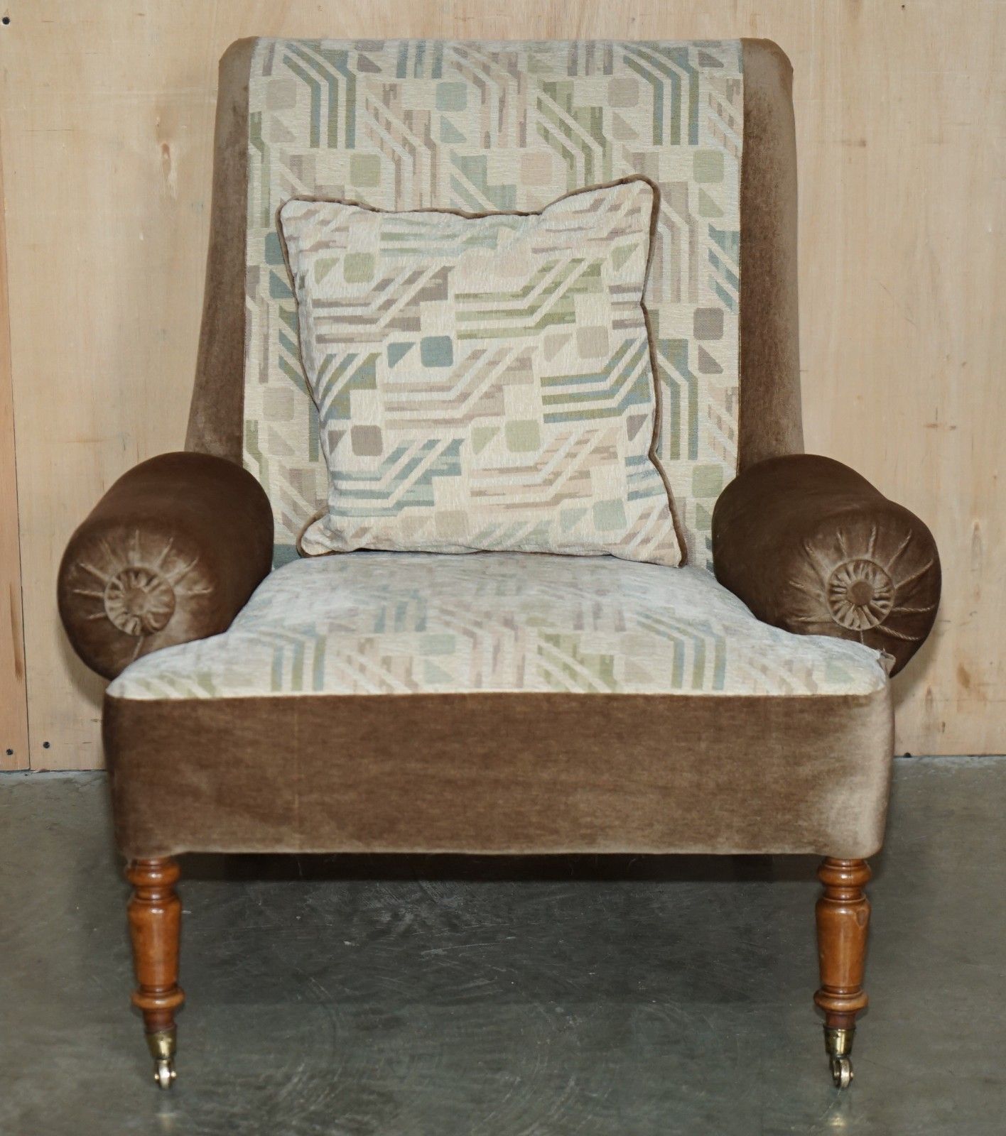 Pair Of Antique Edwardian 1910 Walnut Framed Brass Castors Bolster Arm Armchairs photo for sale