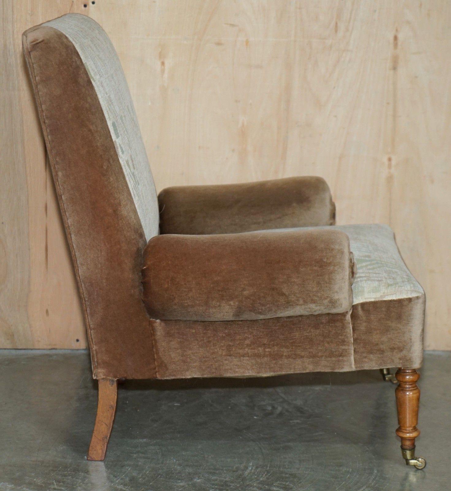 2950.0 Pair Of Antique Edwardian 1910 Walnut Framed Brass Castors Bolster Arm Armchairs photo