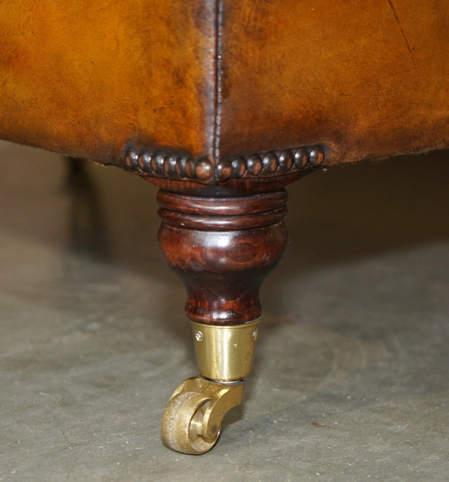 Feather Filled Restored Hand Dyed Brown Leather Ottoman Footstool Part Of Suite photo Furniture