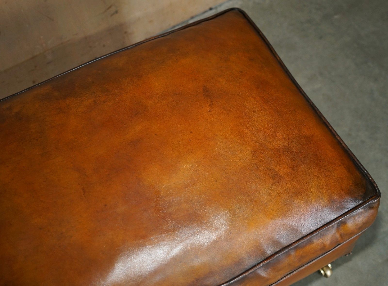 Feather Filled Restored Hand Dyed Brown Leather Ottoman Footstool Part Of Suite photo buy