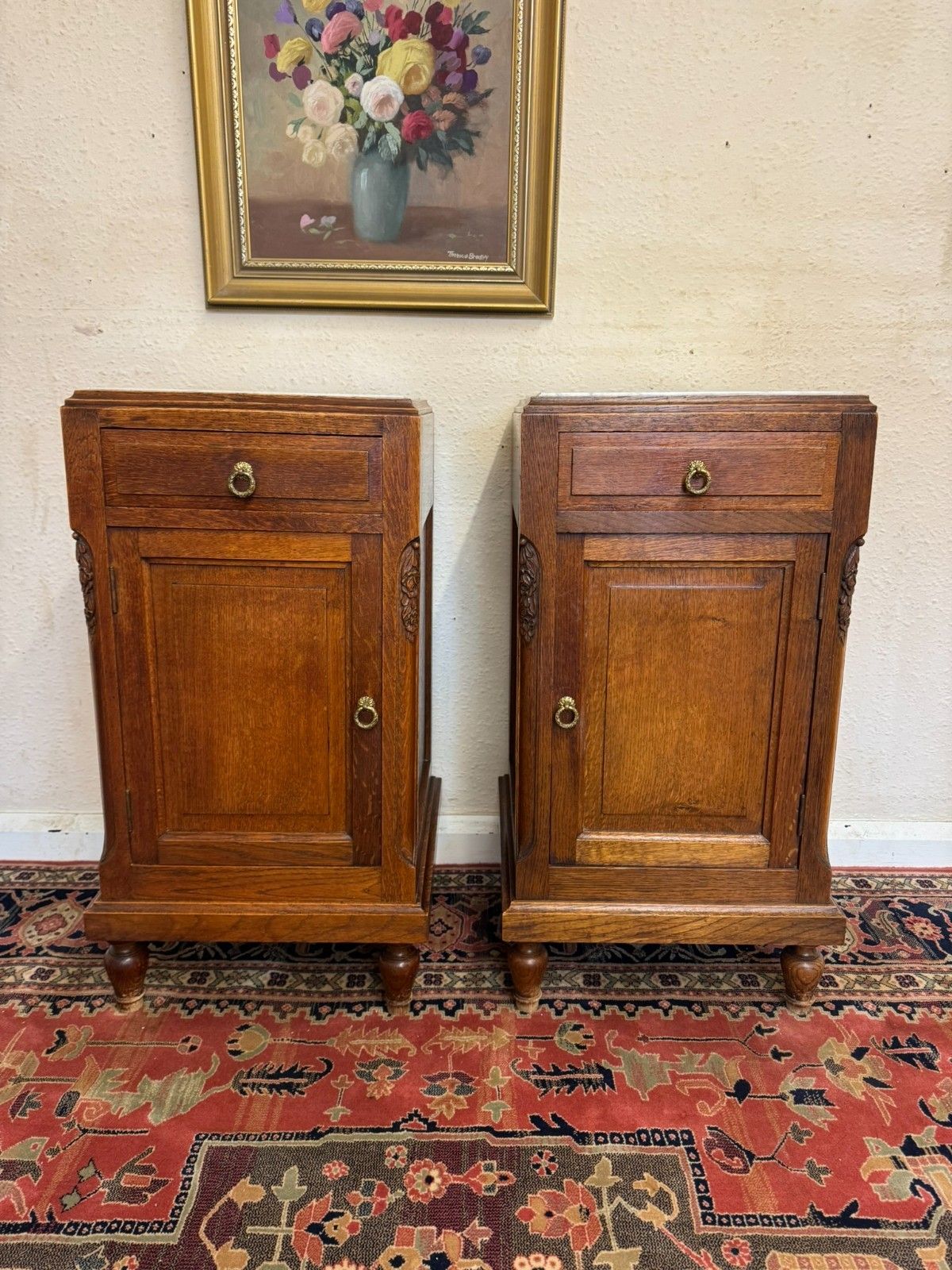 Pair Of Antique French Oak Marble Top Bedside Cabinets Circa 1910 photo furniture