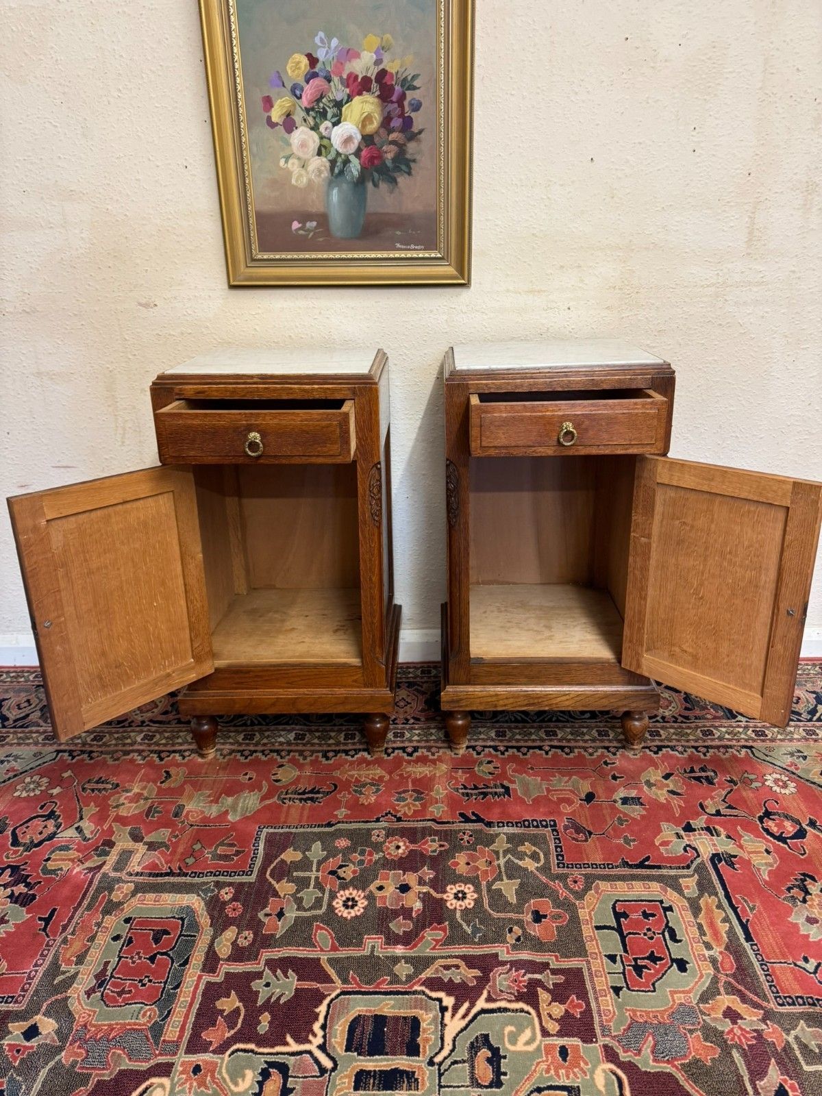 Pair Of Antique French Oak Marble Top Bedside Cabinets Circa 1910 photo vinterior