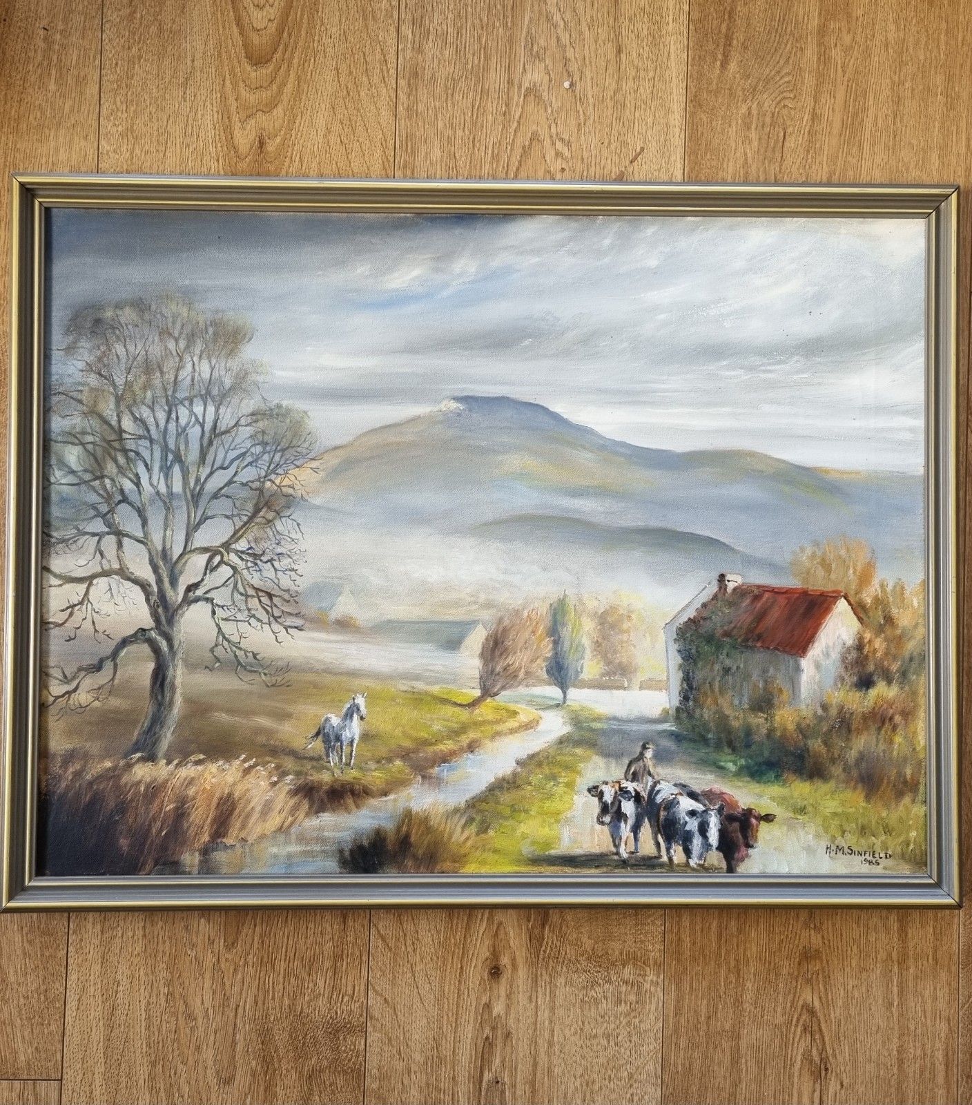 Vintage Framed Oil Painting British Landscape Horse Cattle Cottage Mountains '85