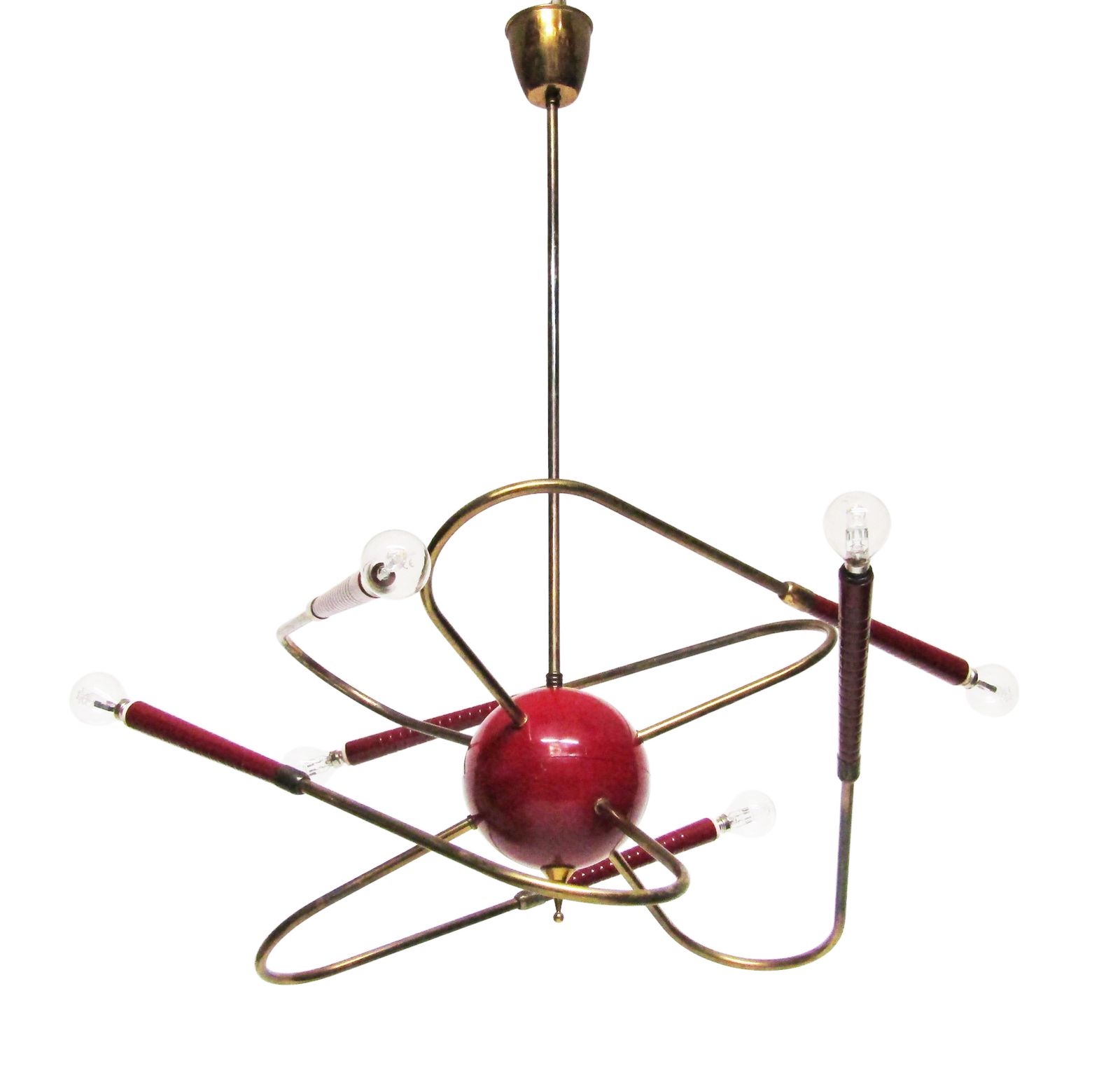 Rare Italian 1950s Sputnik Chandelier In Red Enamel & Brass By Stilnovo photo vintage