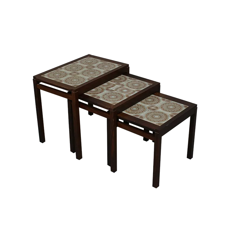 Set Of 3 Danish Side Tables In Rosewood And Tile.