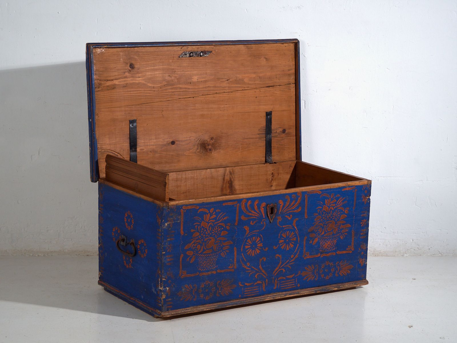 Antique Blue Painted Wooden Chest – Folk Art Blanket Chest – Central Europe C.1900 photo for sale