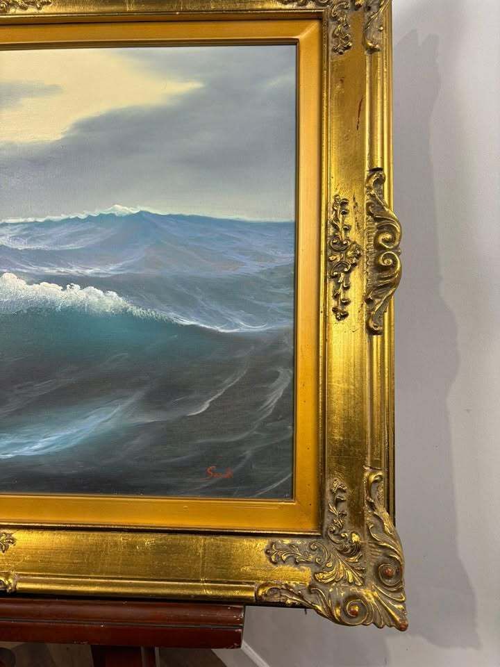 Oil On Canvas Seascape Painting – Signed “Sauli” – Ornate Gilt Frame photo furniture