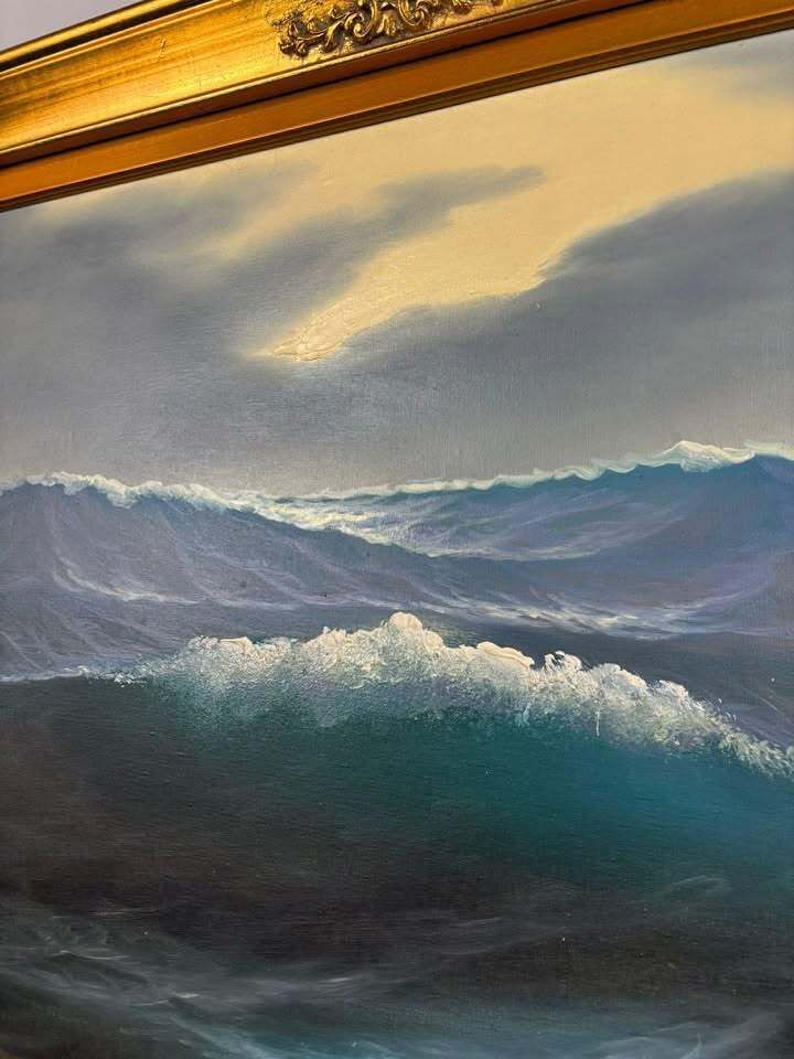 photo for sale Oil On Canvas Seascape Painting – Signed “Sauli” – Ornate Gilt Frame
