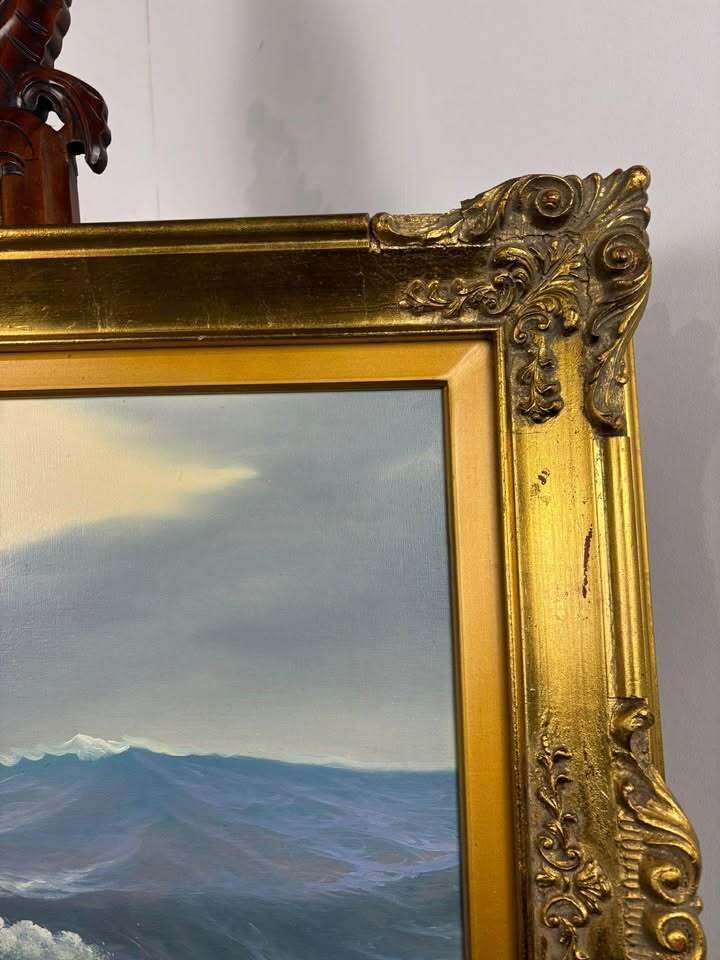 Art Oil On Canvas Seascape Painting – Signed “Sauli” – Ornate Gilt Frame photo