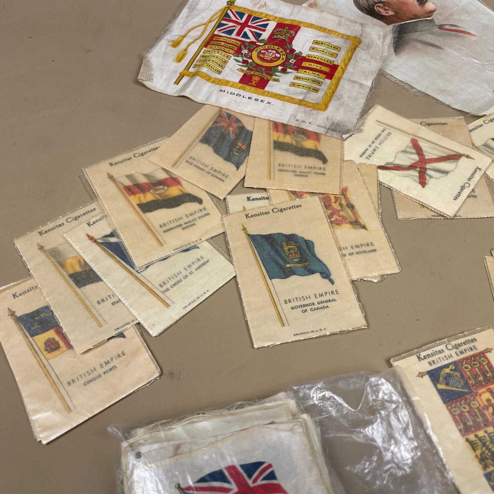 Vintage Cigarette Silks Fabric Flags Tobacco Card Lot Set Collectable Textile Collectors Kensitas B.D.V Assortment photo vinterior