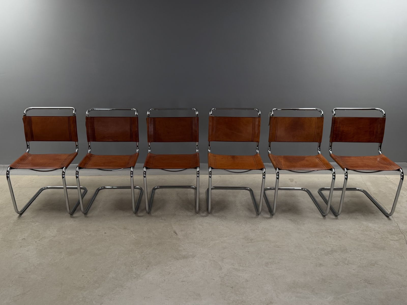 6 Dining Chairs Mart Stam Marcel Breuer S33 Set Of Six Fasem Chrome Tan Brown Cognac Leather Cantilever Bauhaus 6 Mid Century Dining Chairs 226 photo for sale
