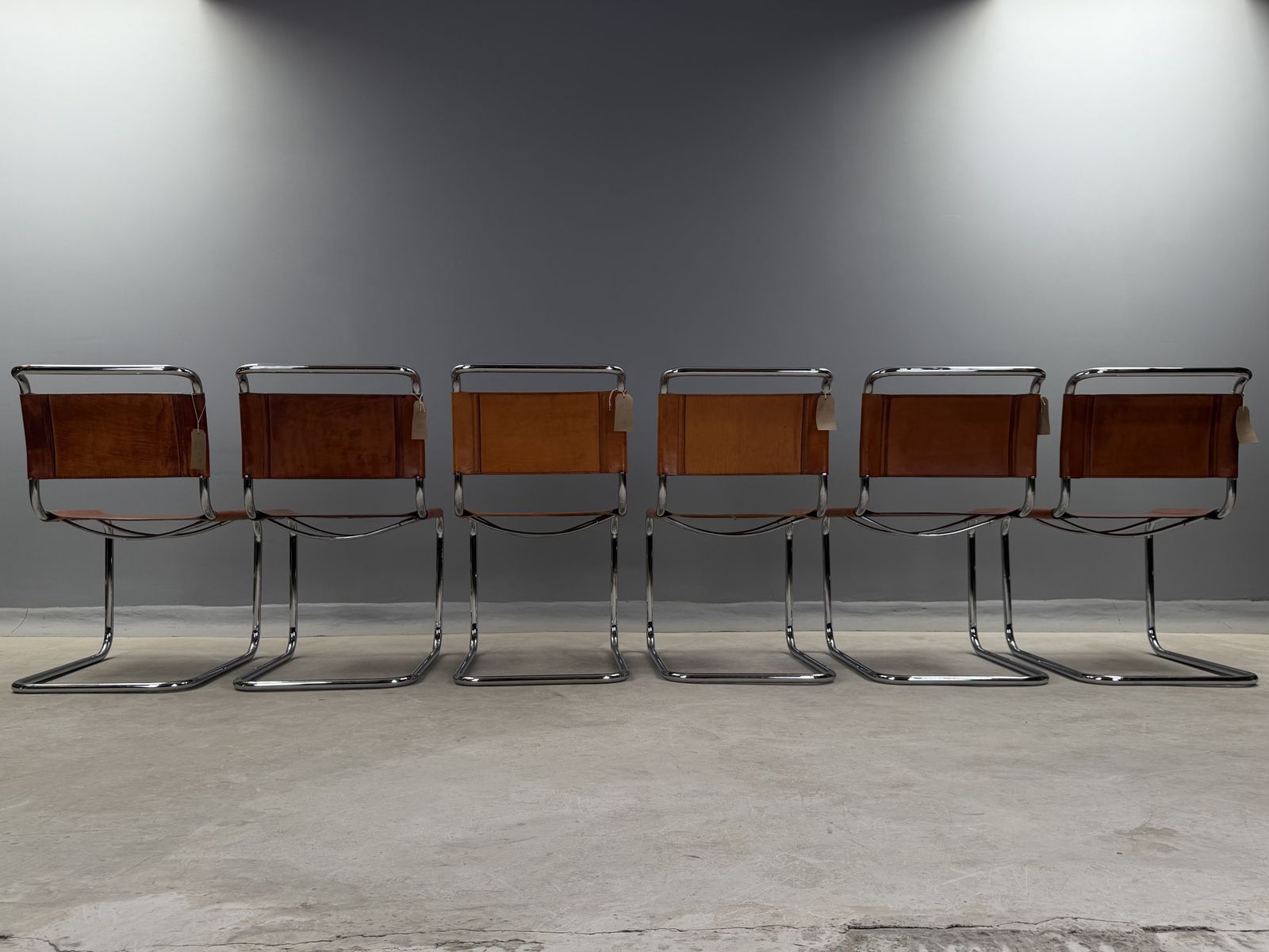 5995.0 6 Dining Chairs Mart Stam Marcel Breuer S33 Set Of Six Fasem Chrome Tan Brown Cognac Leather Cantilever Bauhaus 6 Mid Century Dining Chairs 226 photo