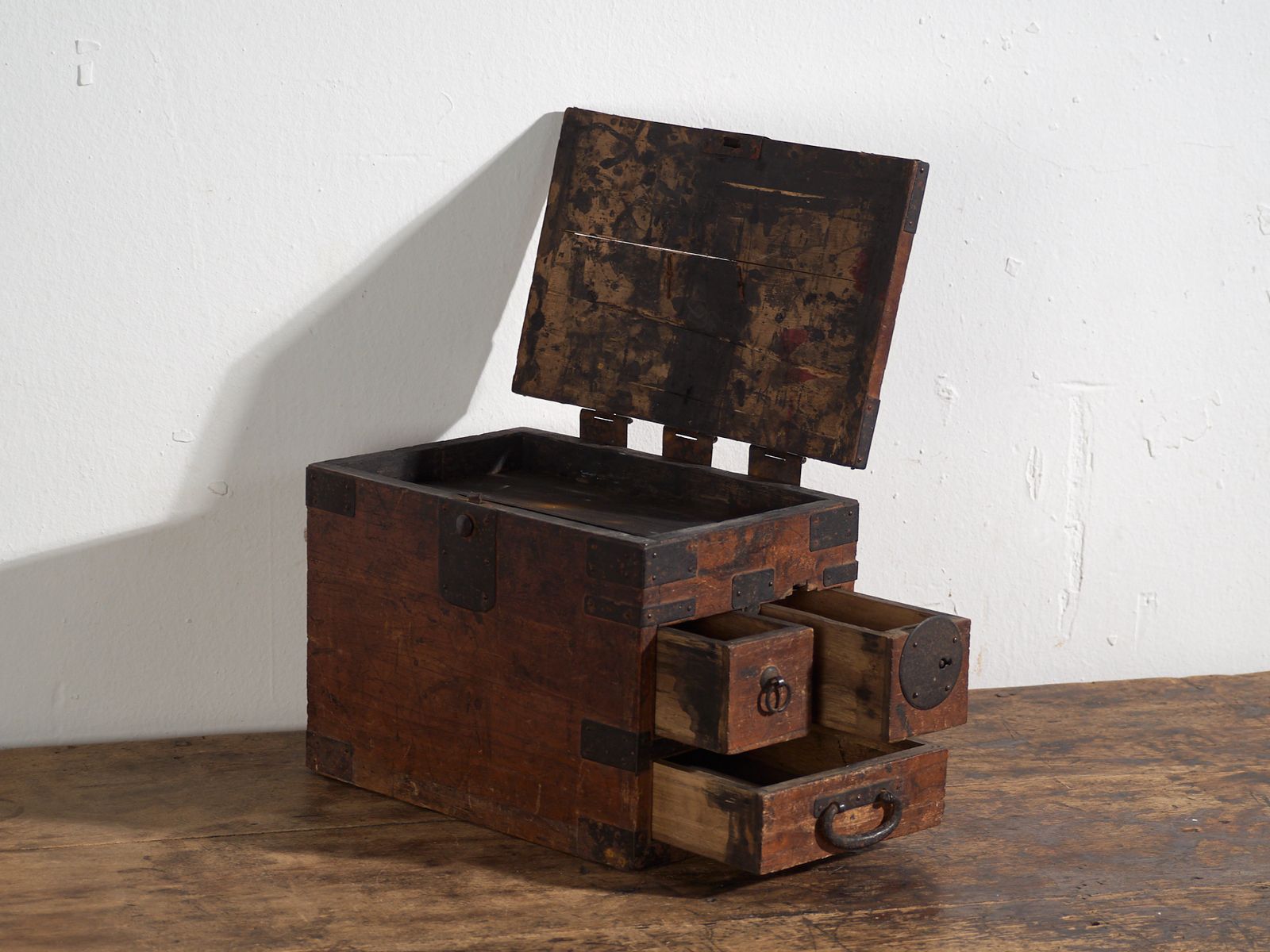 Antique Japanese Document Chest With Drawers And Iron Hardware – Portable Tansu – Meiji–Taishō Period (C.1880–1920) photo for sale