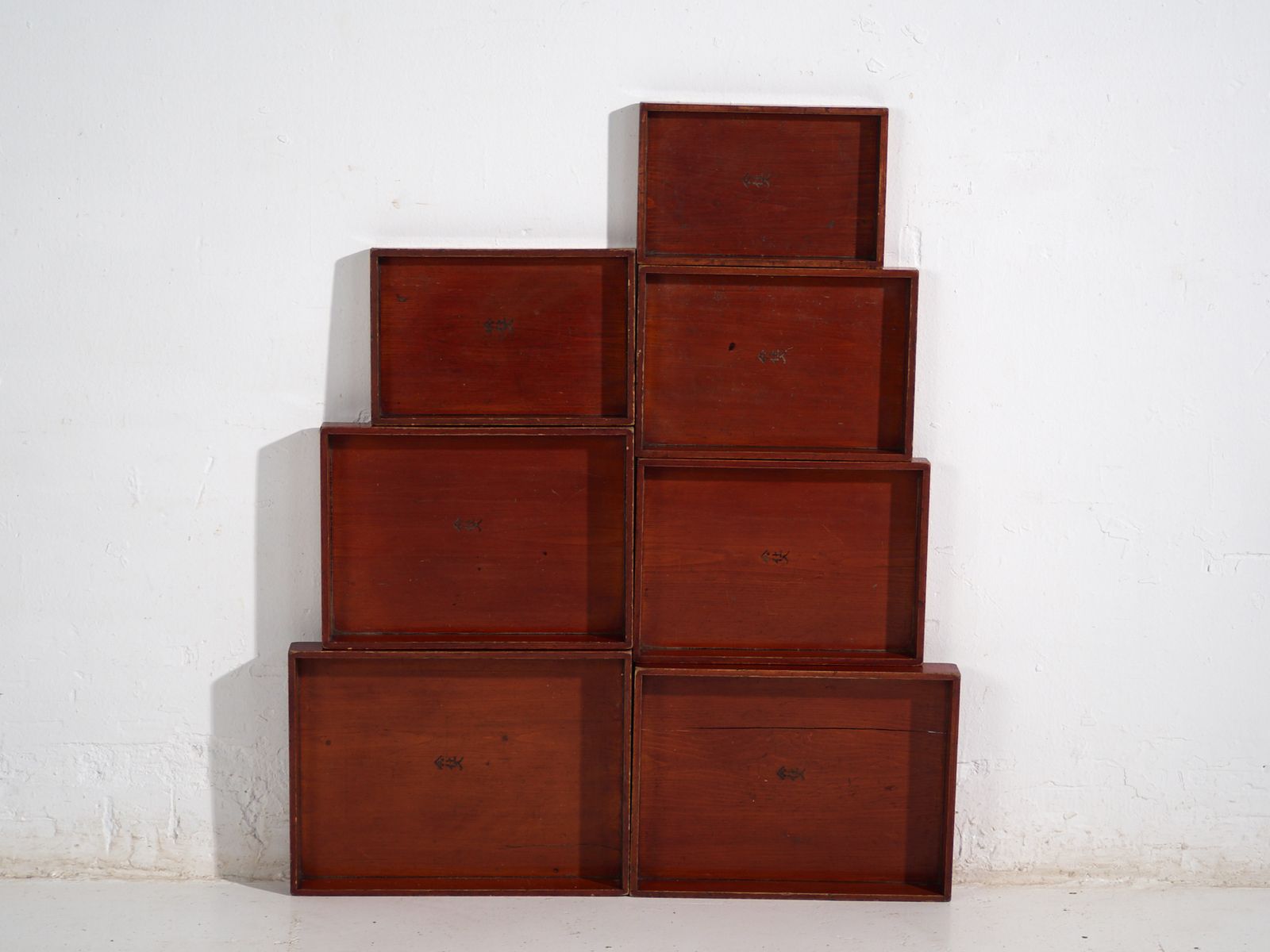 Antique Japanese Wooden Serving Trays Set Of 7 – Taishō–Showa Period (C.1910–1940) photo 360.0