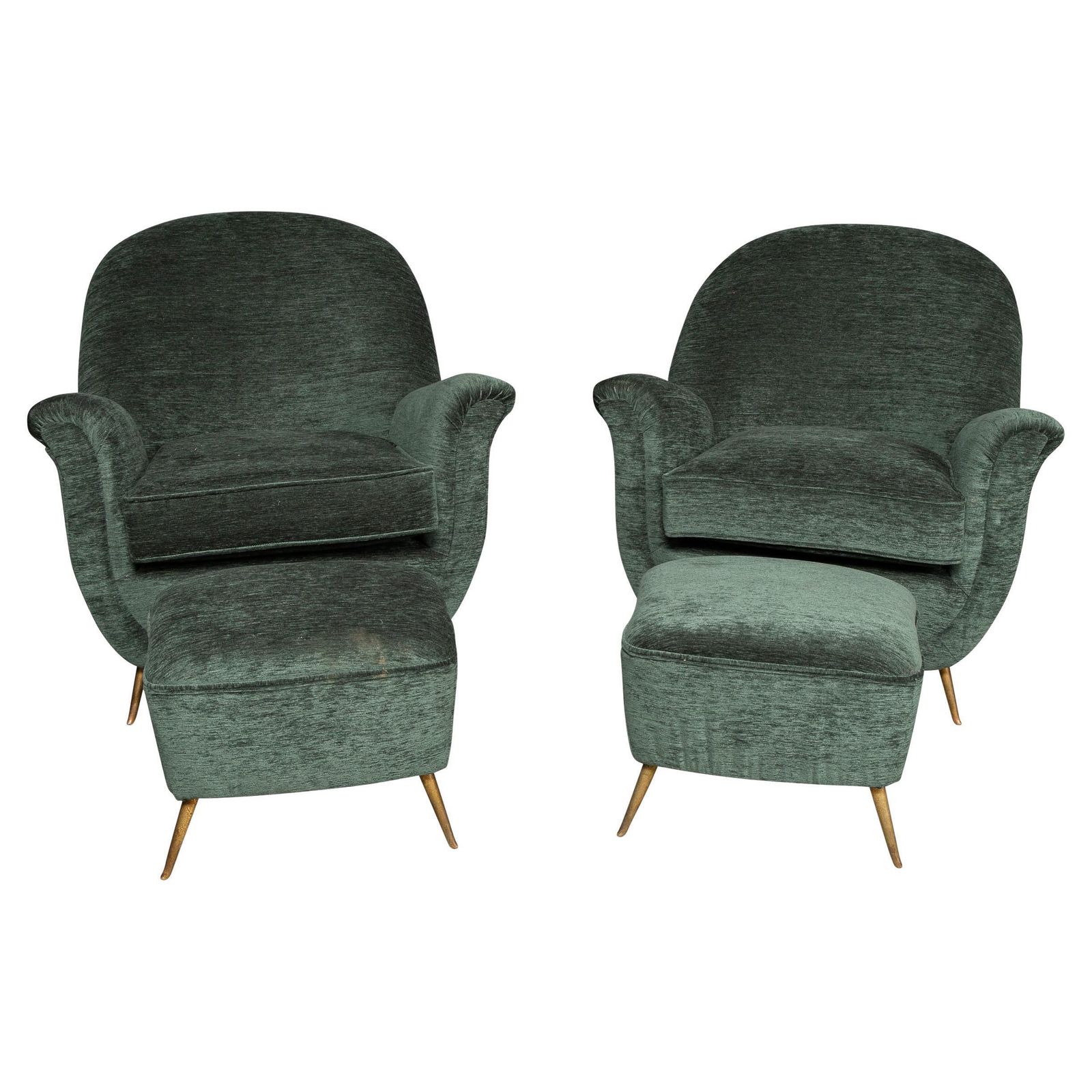 Vintage 20thc Italian Pair Of Green Fabric Armchairs With Ottomans C.1950