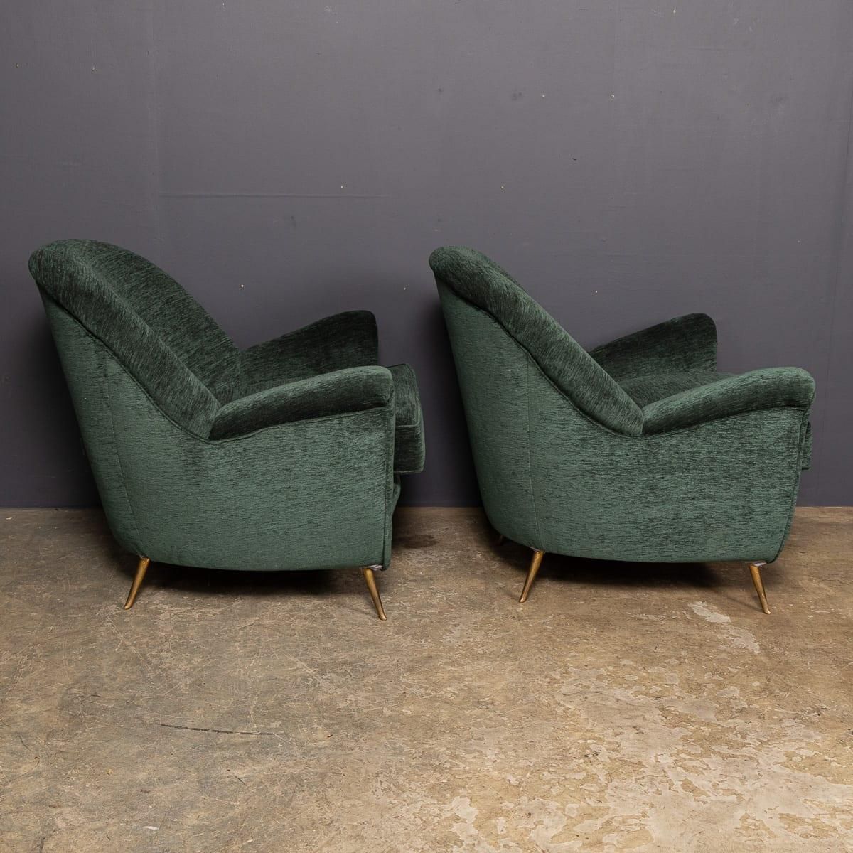 Vintage 20thc Italian Pair Of Green Fabric Armchairs With Ottomans C.1950 photo vinterior
