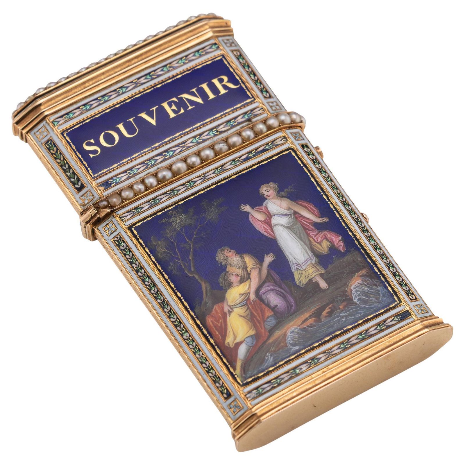 Antique 18thc Swiss Gold, Enamel & Seed Pearl Aide Memoire "Souvenir" Box C.1790