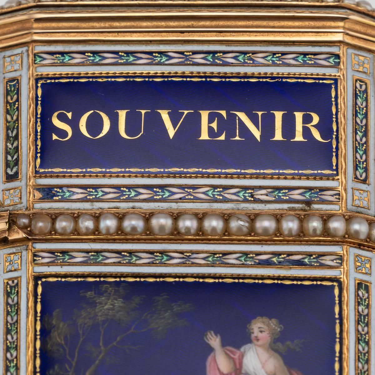 photo vinterior Antique 18thc Swiss Gold, Enamel & Seed Pearl Aide Memoire "Souvenir" Box C.1790