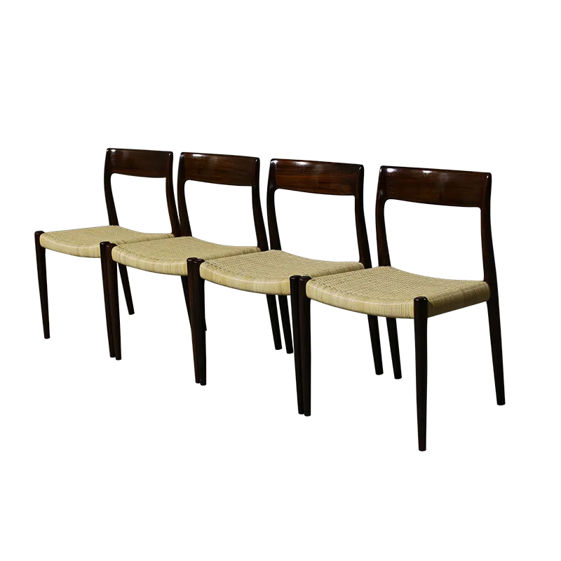 Niels O. Moller Model 77 Chairs In Rosewood And Wicker.