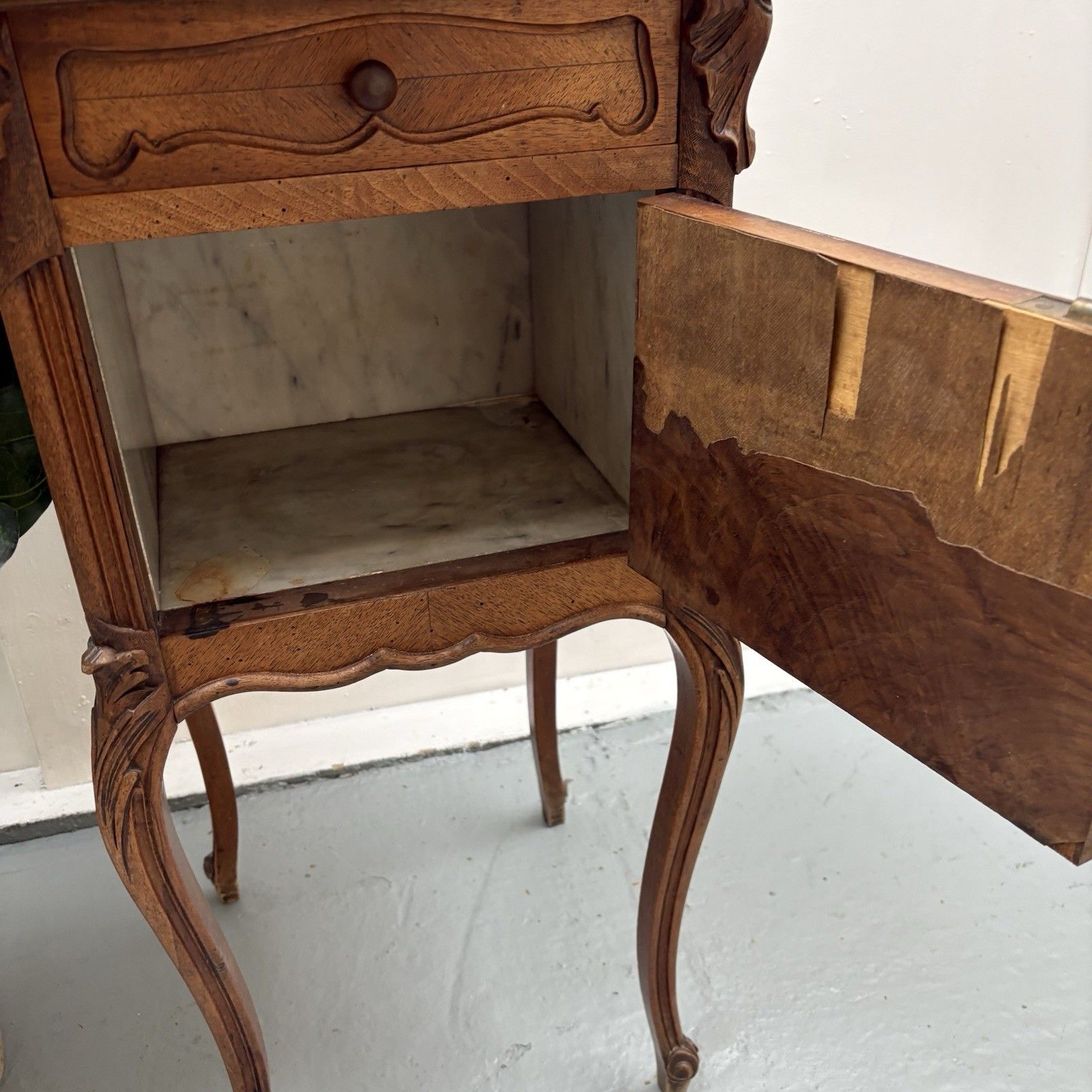 Furniture Antique French Louis XV Style Walnut & Marble Top Bedside Cabinet Nightstand photo