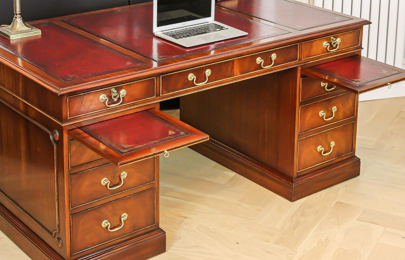2495.0 Antique Mahogany Pedestal Partners Leather Top Desk, Captains Chair & Cabinet photo