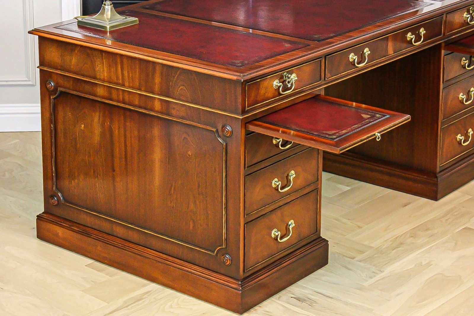 photo vinterior Antique Mahogany Pedestal Partners Leather Top Desk, Captains Chair & Cabinet