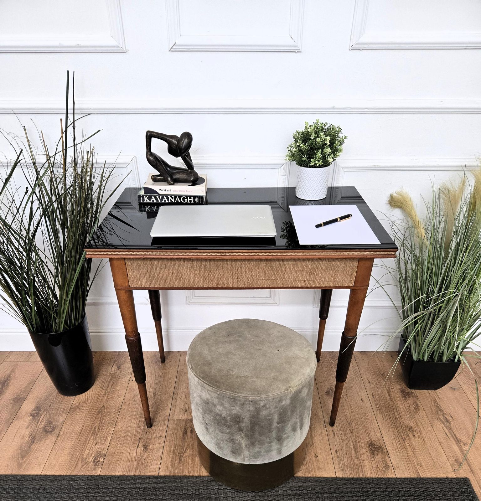 1960s Mid Century Italian Walnut Rattan And Black Glass Top Writing Desk Table photo for sale