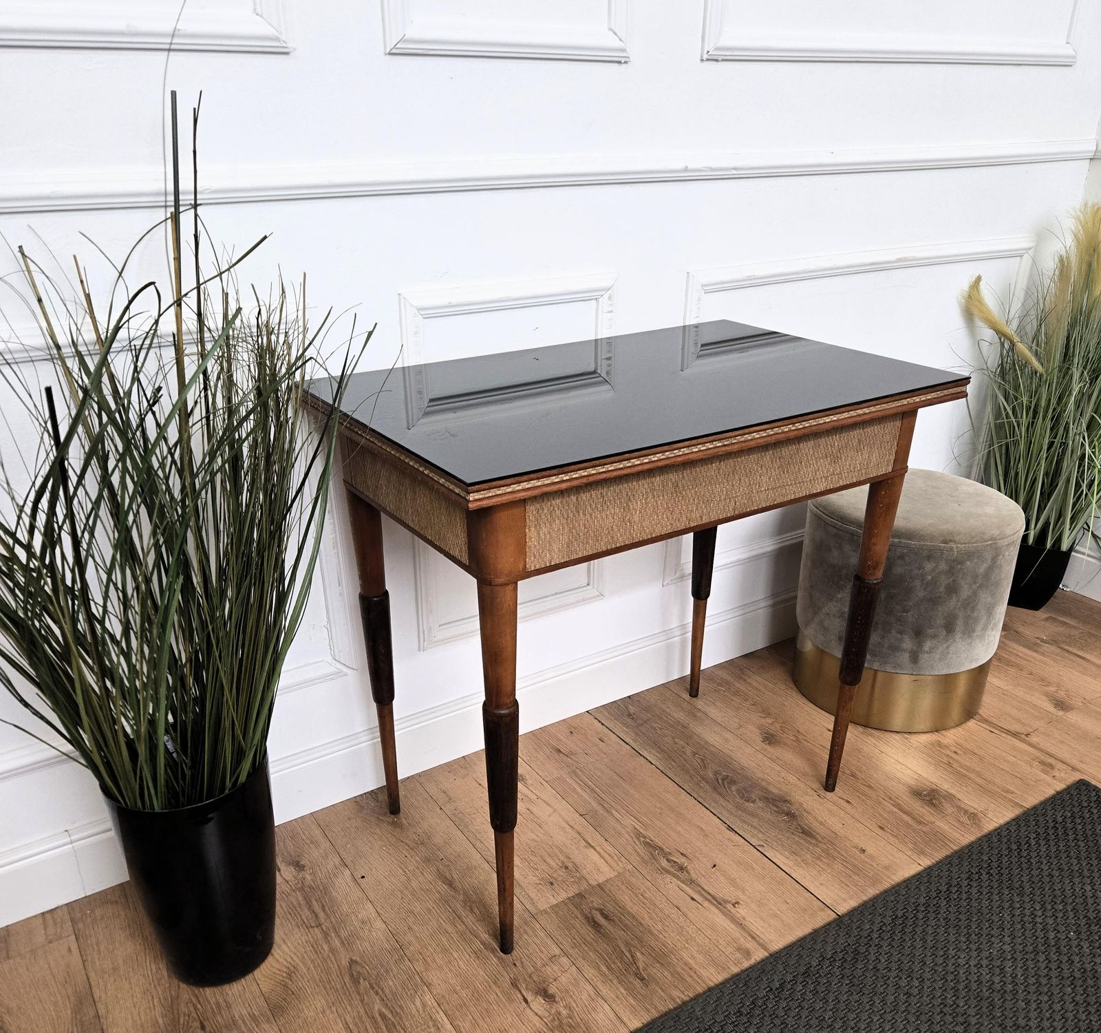 1960s Mid Century Italian Walnut Rattan And Black Glass Top Writing Desk Table photo buy
