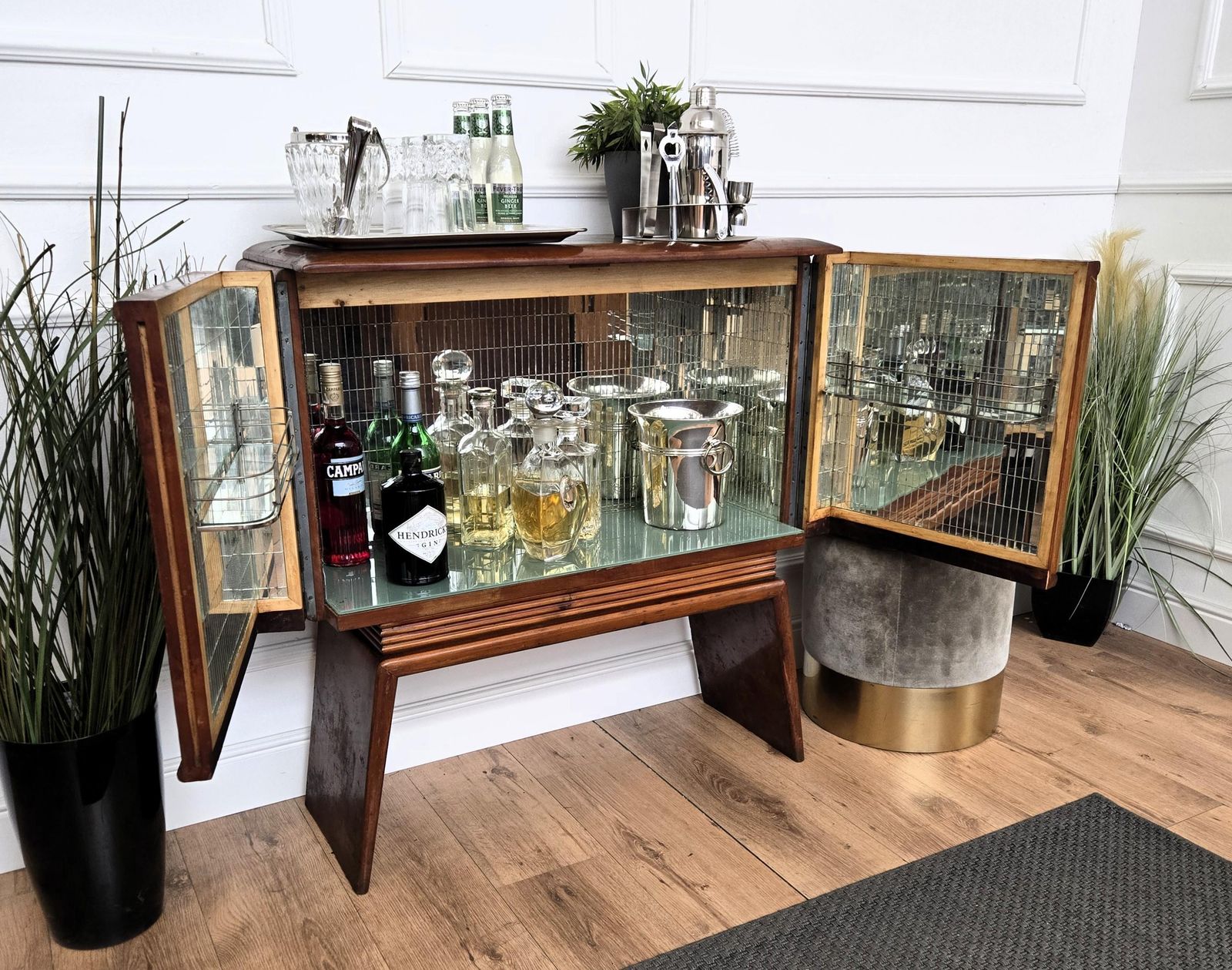 1950s Art Deco Mid Century Italian Walnut Mirror Mosaic Sideboard Bar Cabinet photo 3080.0