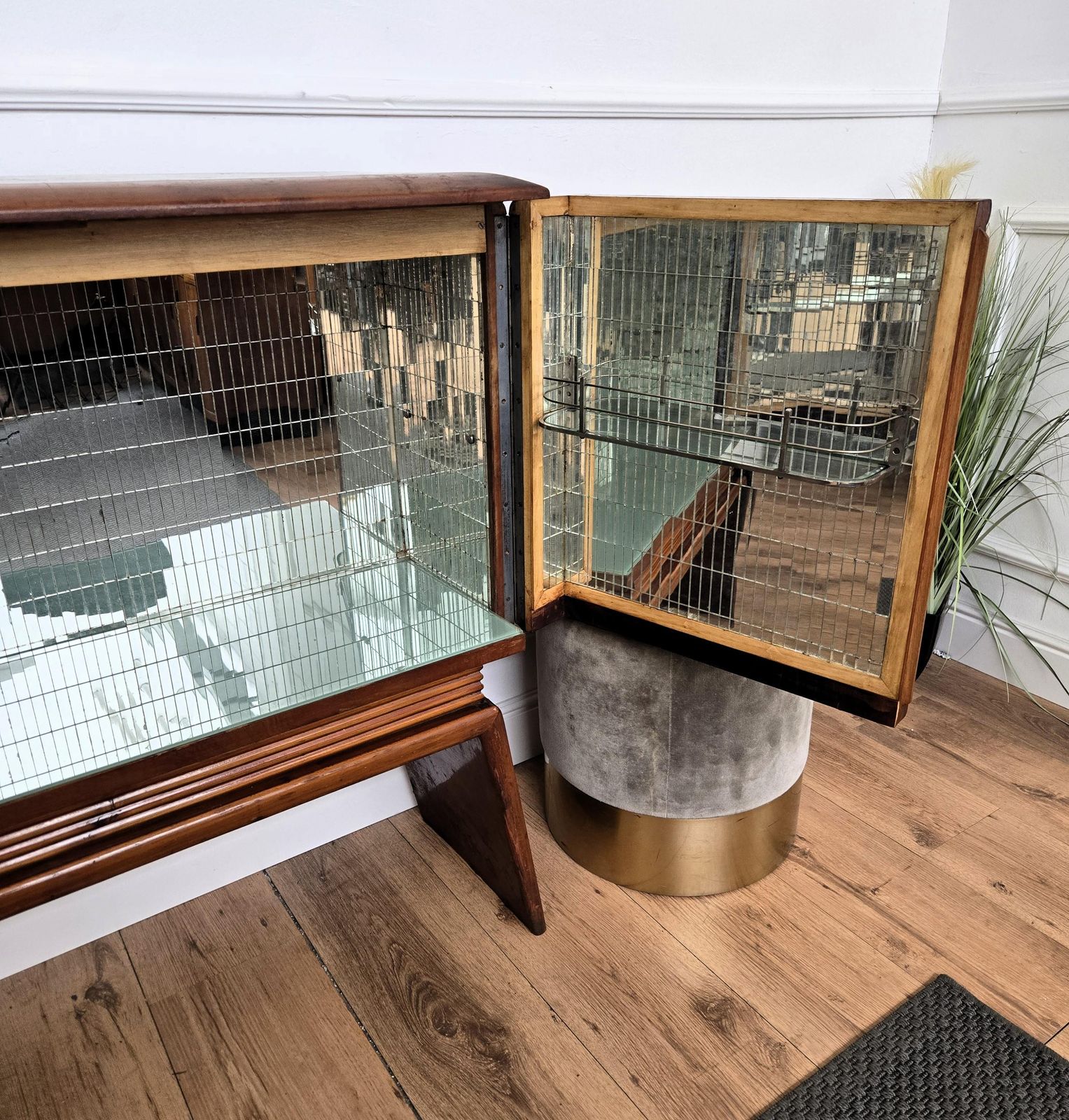 Furniture 1950s Art Deco Mid Century Italian Walnut Mirror Mosaic Sideboard Bar Cabinet photo