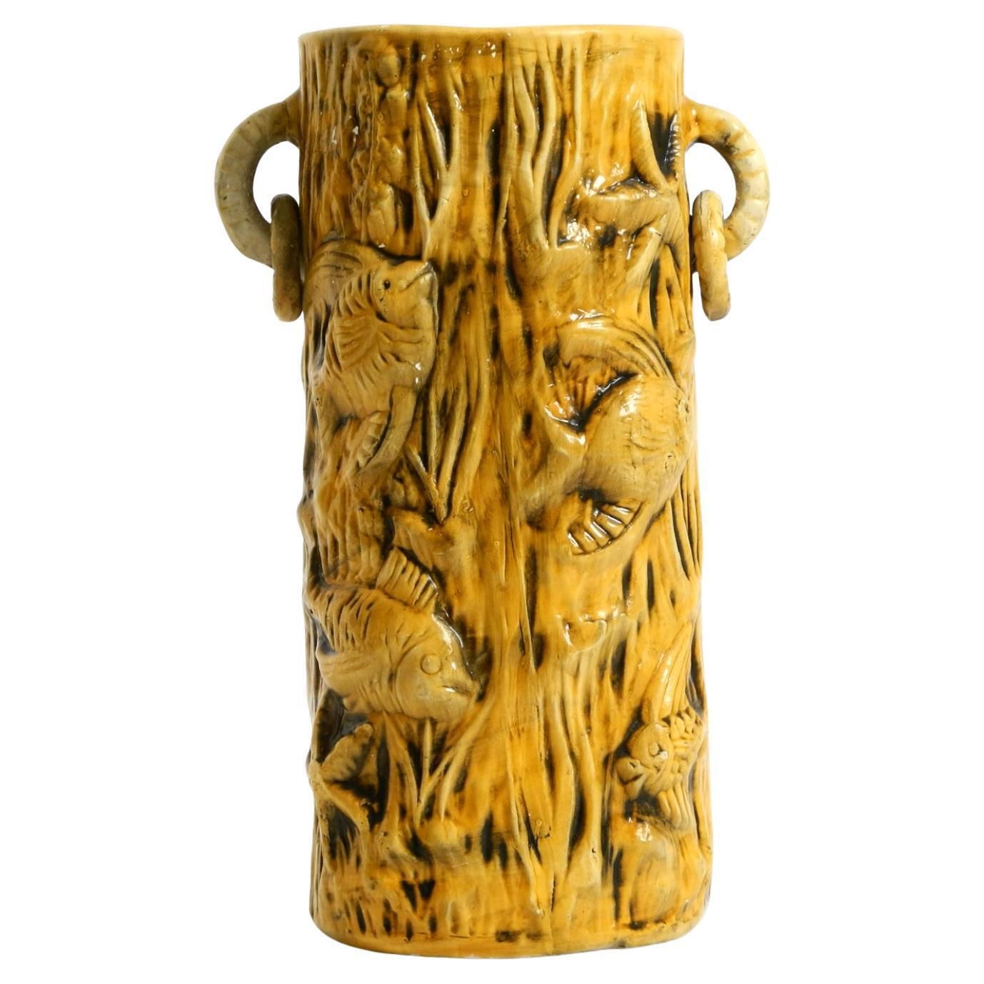 Handmade Glazed Ceramic Floor Vase With Maritime Fish And Starfish Motifs