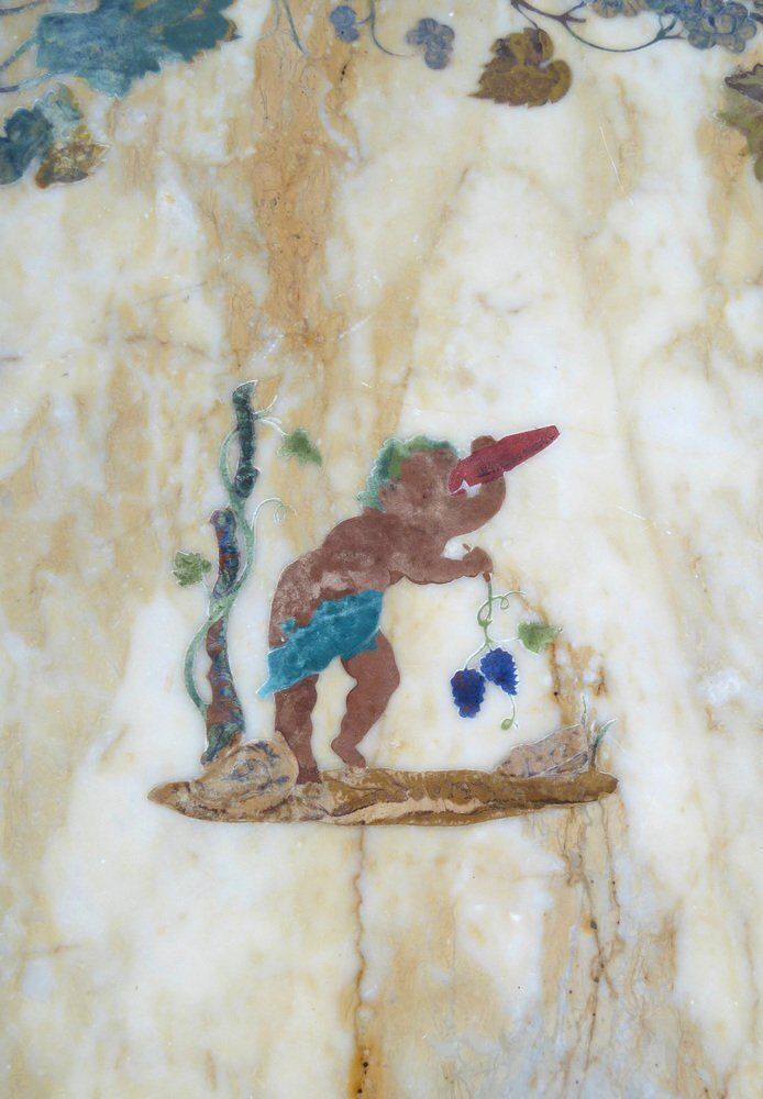 Antique French Italian Wrought Iron Coffee Tablr Witn Pietra Dura Marble Top And Pattern Of Vignes And Cherub, 1890s photo for sale