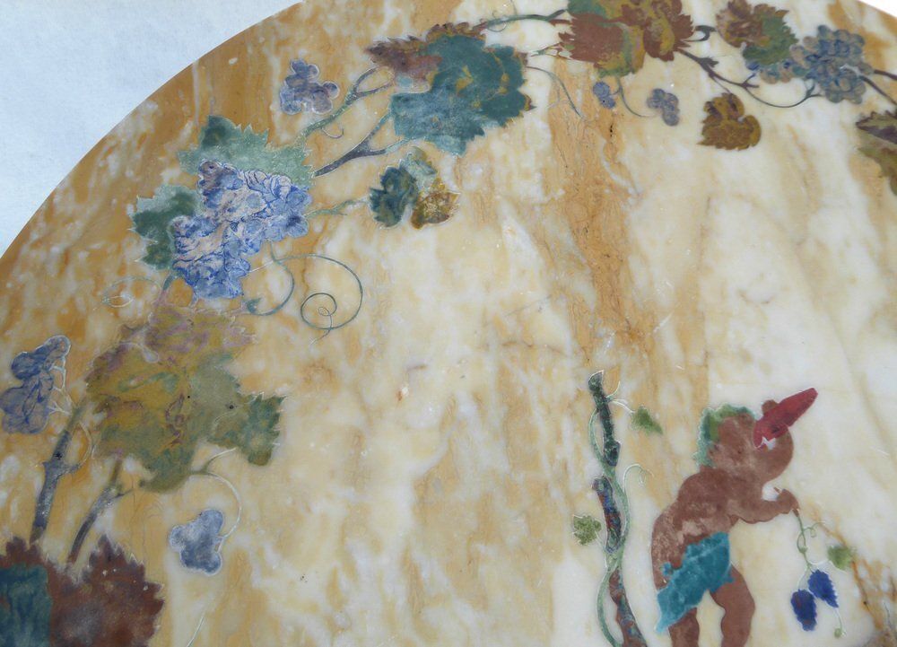 Antique French Italian Wrought Iron Coffee Tablr Witn Pietra Dura Marble Top And Pattern Of Vignes And Cherub, 1890s photo Furniture