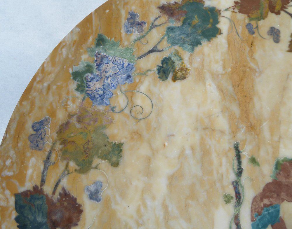 Antique French Italian Wrought Iron Coffee Tablr Witn Pietra Dura Marble Top And Pattern Of Vignes And Cherub, 1890s photo buy