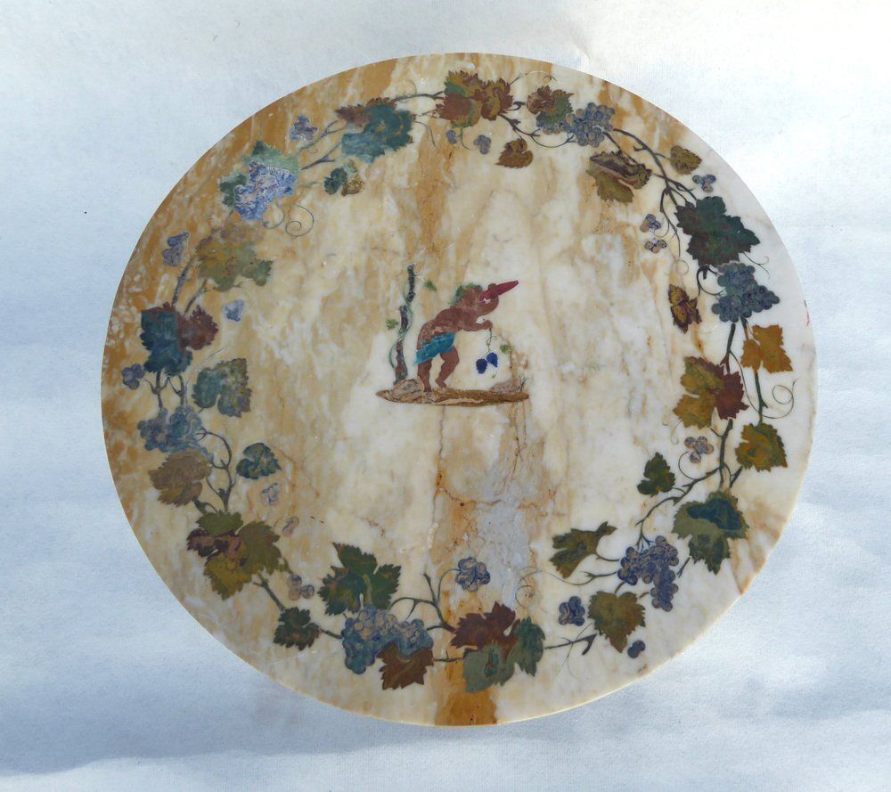 Antique French Italian Wrought Iron Coffee Tablr Witn Pietra Dura Marble Top And Pattern Of Vignes And Cherub, 1890s photo vintage