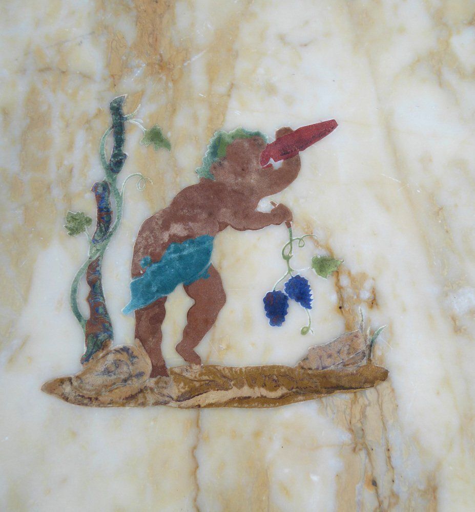 photo vinterior Antique French Italian Wrought Iron Coffee Tablr Witn Pietra Dura Marble Top And Pattern Of Vignes And Cherub, 1890s