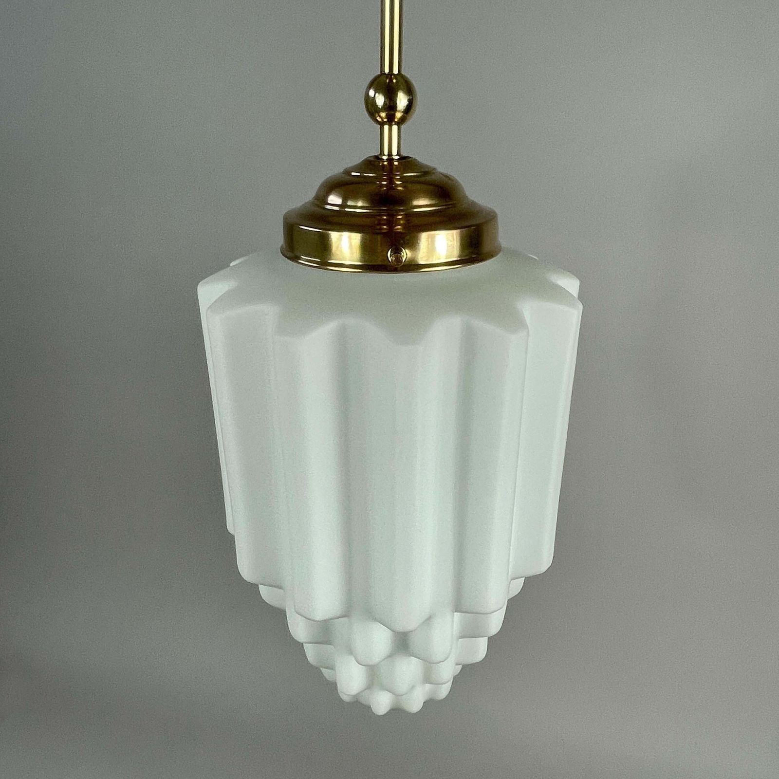 Art Deco White Opaline Glass & Brass Skyscraper Pendant, France 1930s photo vinterior