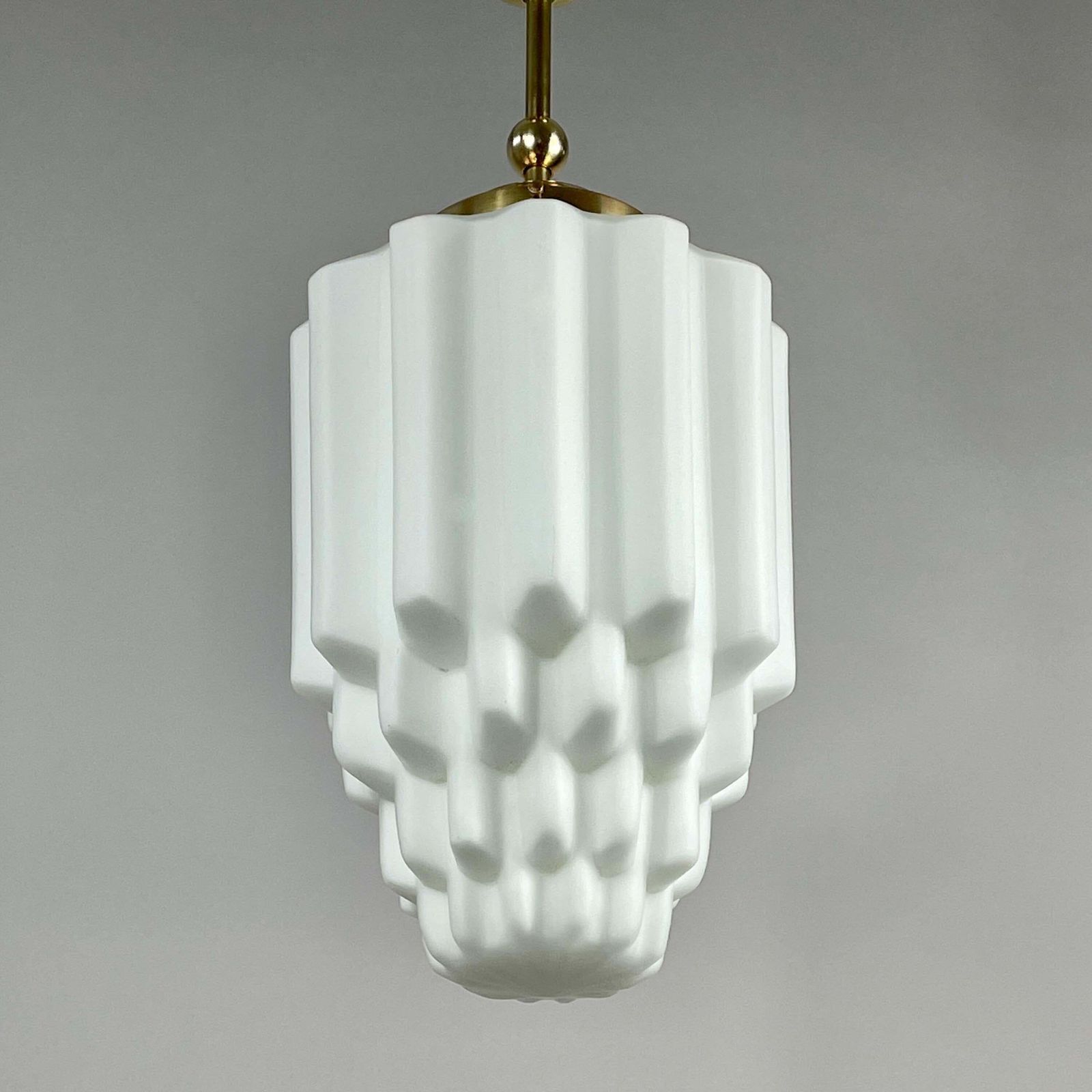 Art Deco White Opaline Glass & Brass Skyscraper Pendant, France 1930s photo vintage