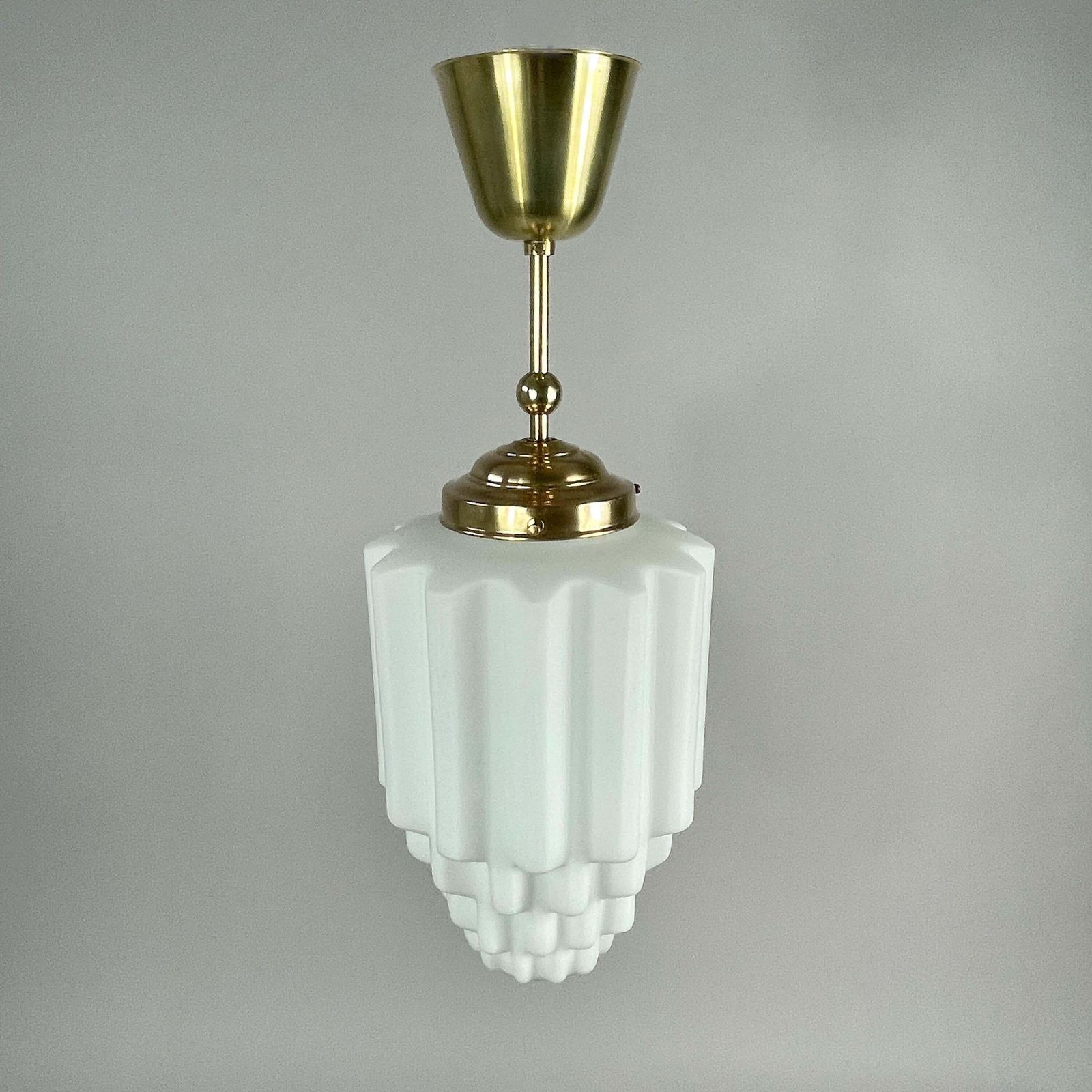 photo for sale Art Deco White Opaline Glass & Brass Skyscraper Pendant, France 1930s