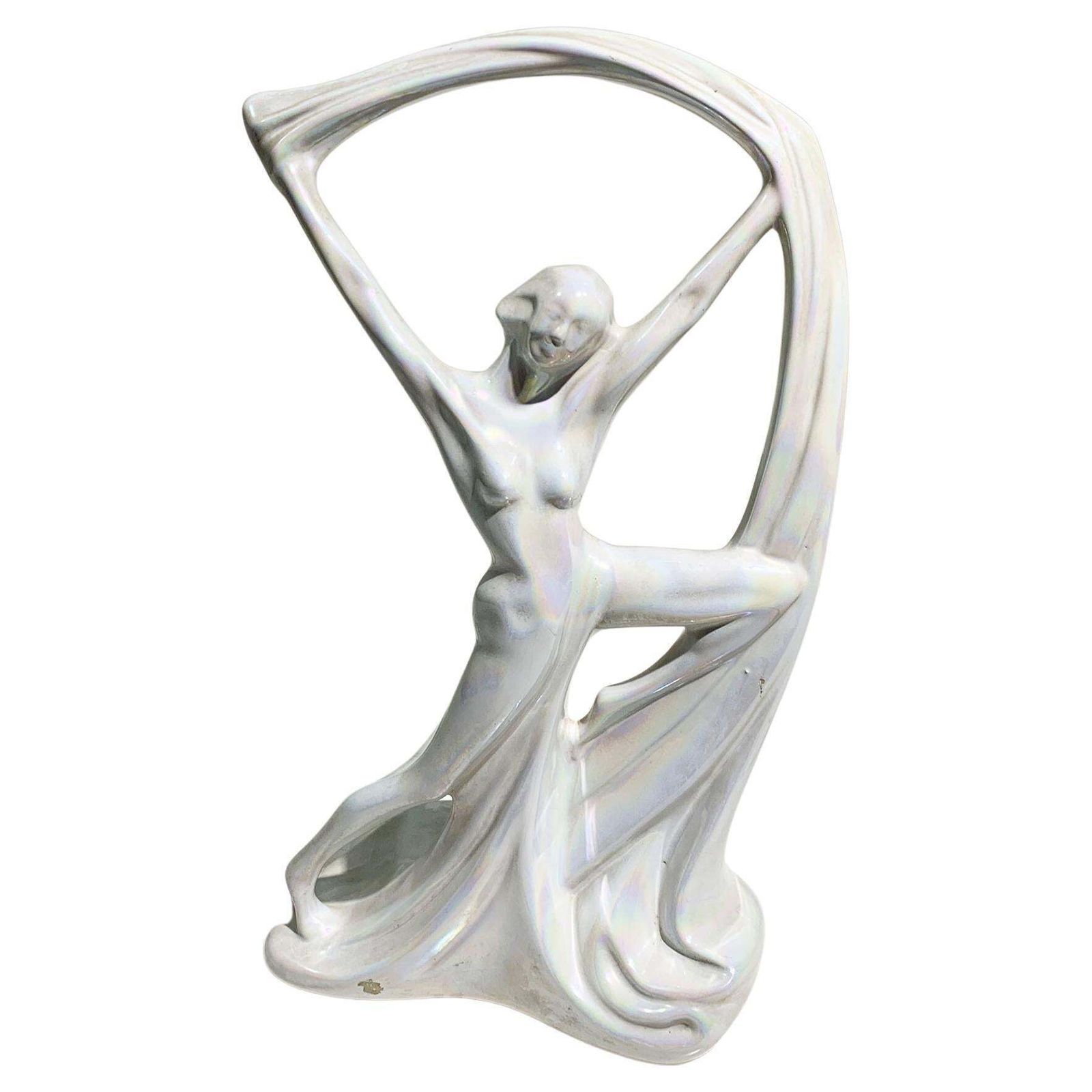 Art Nouveau Iridescent Pearl Porcelain Nude Scarf Dancer Statue, Circa 1940's