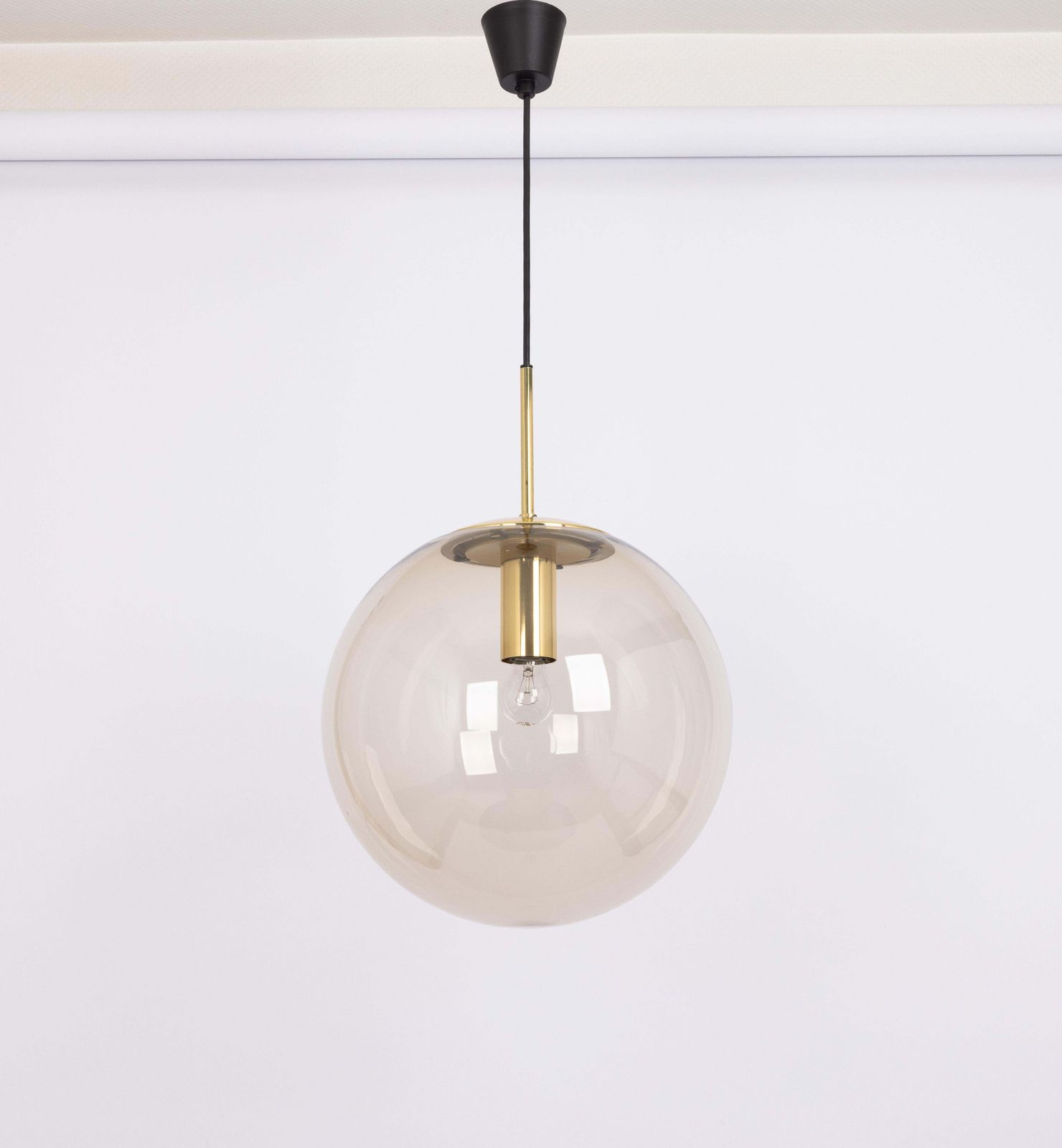 1 Of 5 Large Limburg Brass With Smoked Glass Ball Pendant, Germany, 1970s photo Lighting