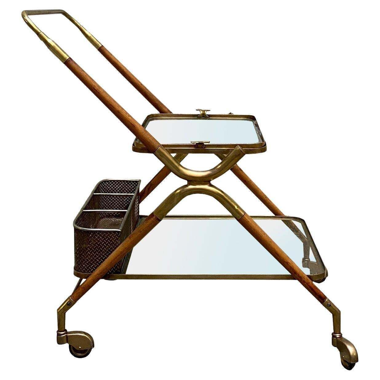 Cesare Lacca Wood And Brass Trolley, Italy 1950s