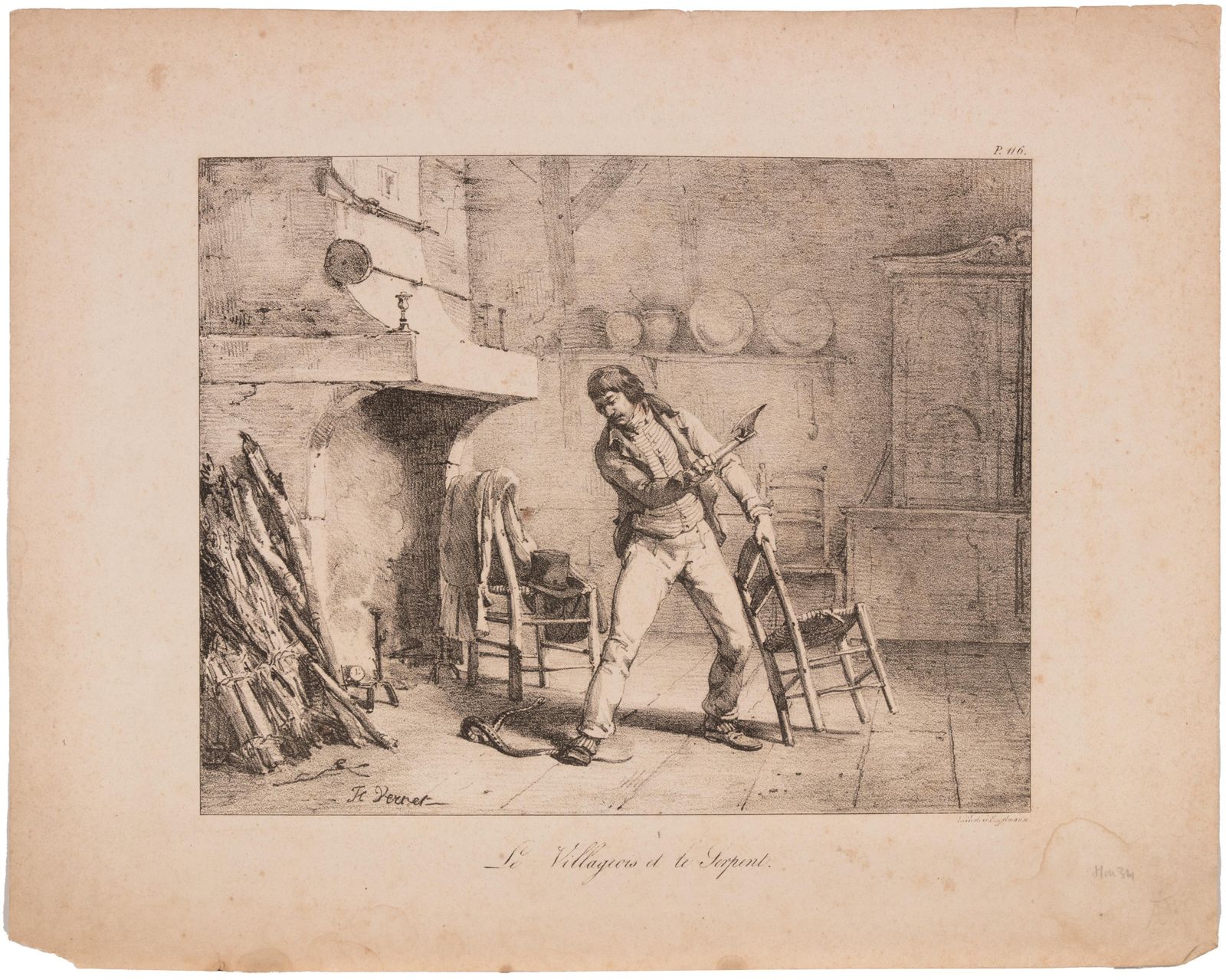 émile Jean Horace Vernetle Villageois Et Le Serpent   Lithograph By Horace Vernet   19th Century19th Century