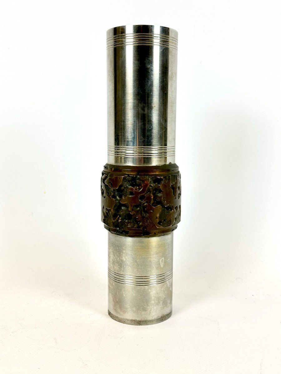 German Brutalist Cylindrical Steel And Bronze Vase From Bmf, 1970s