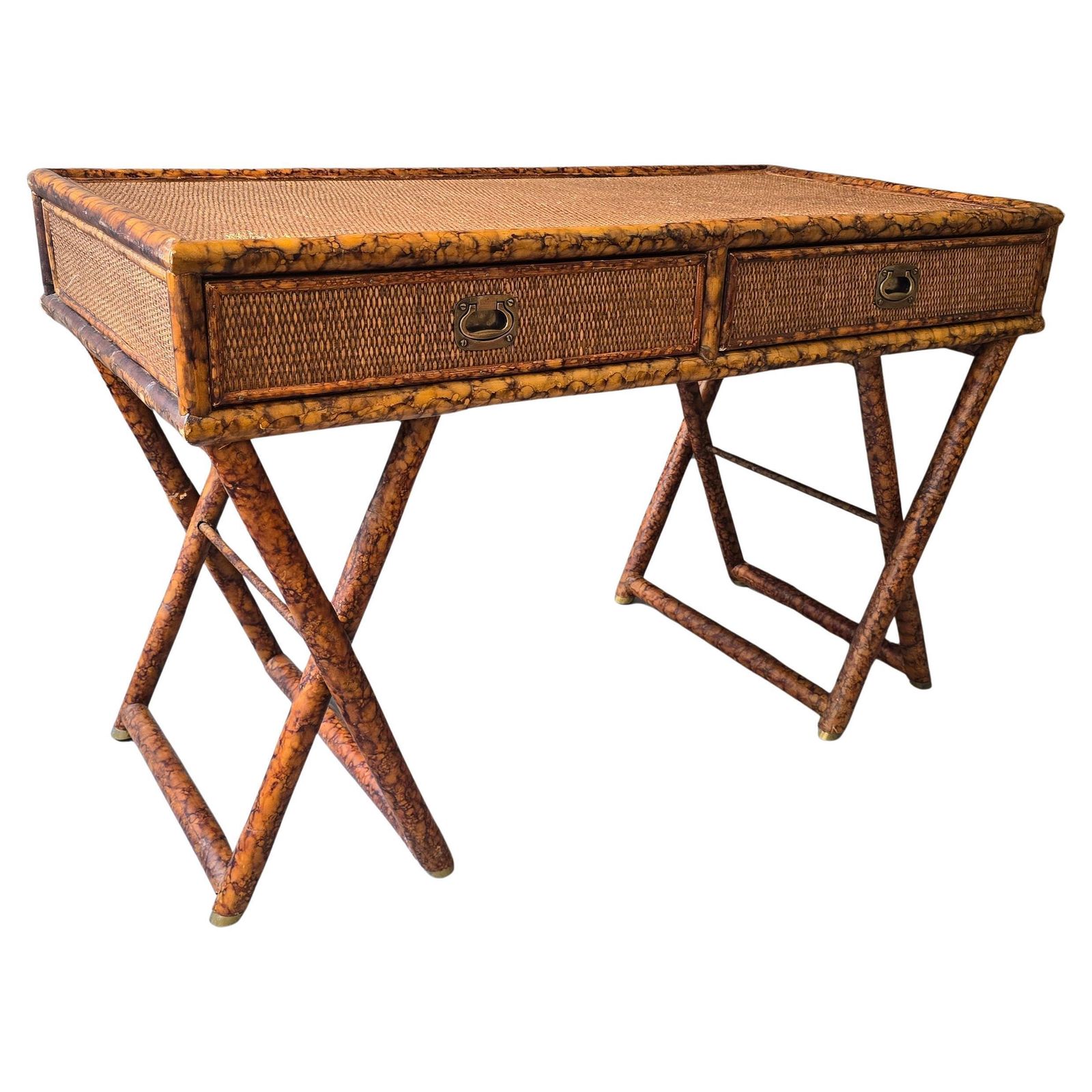 Hollywood Regency Faux Bamboo Cane Desk With Tortoise Finish, 1970s