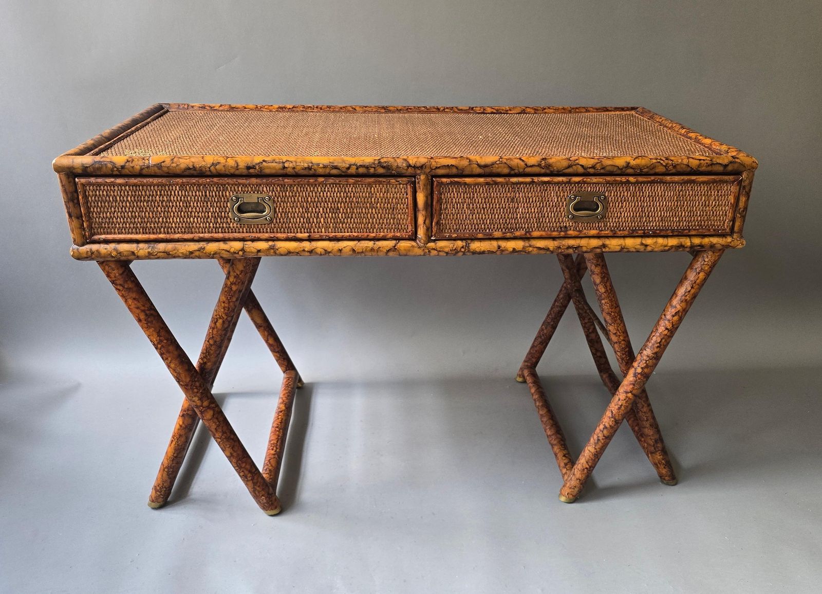 photo vinterior Hollywood Regency Faux Bamboo Cane Desk With Tortoise Finish, 1970s