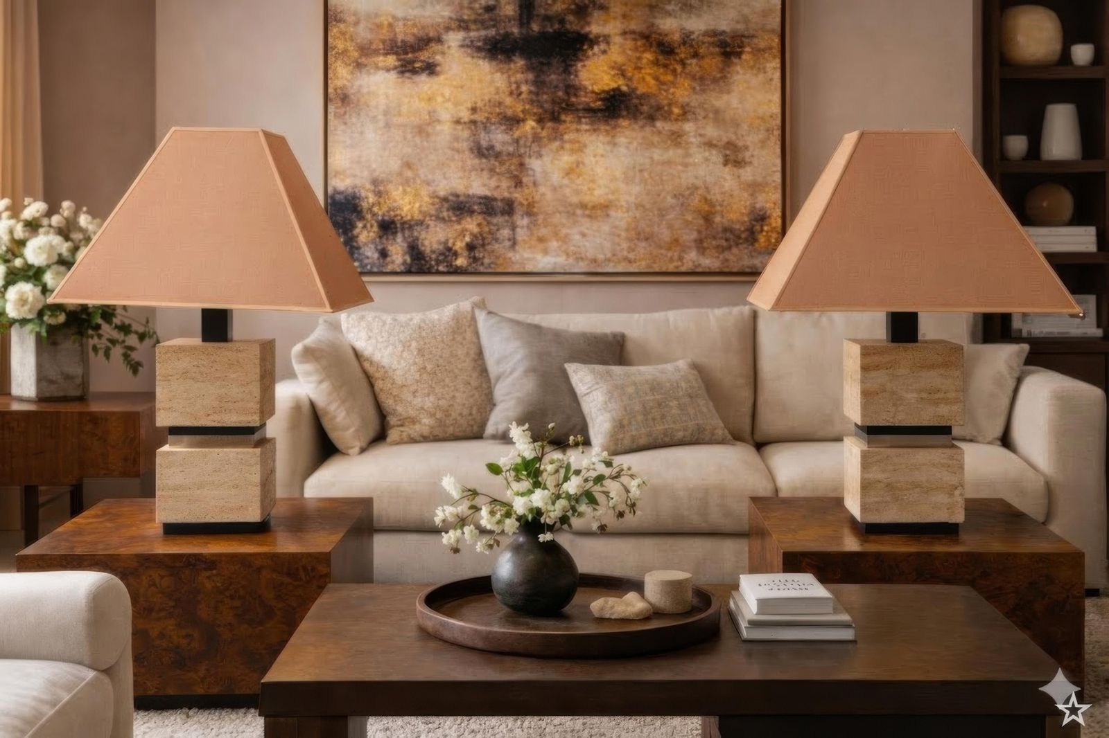 Pair Of Sculptural French Travertine Table Lamps With Original Peach Shades 1970 photo for sale