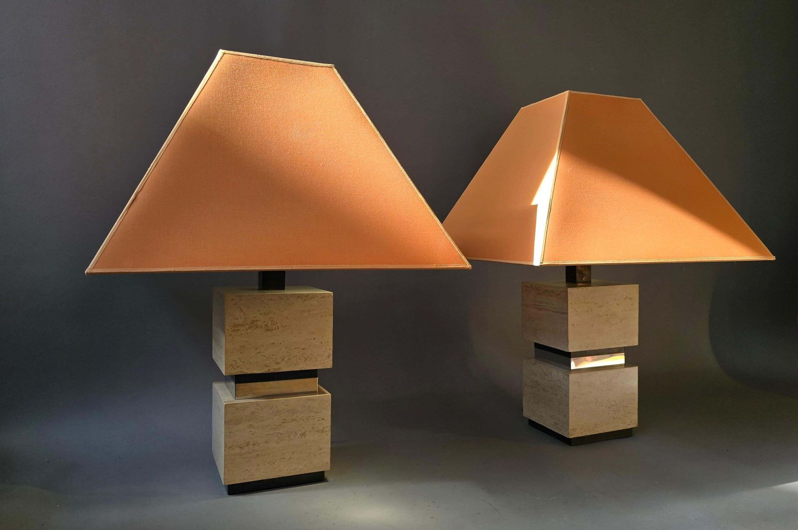 Pair Of Sculptural French Travertine Table Lamps With Original Peach Shades 1970 photo Lighting
