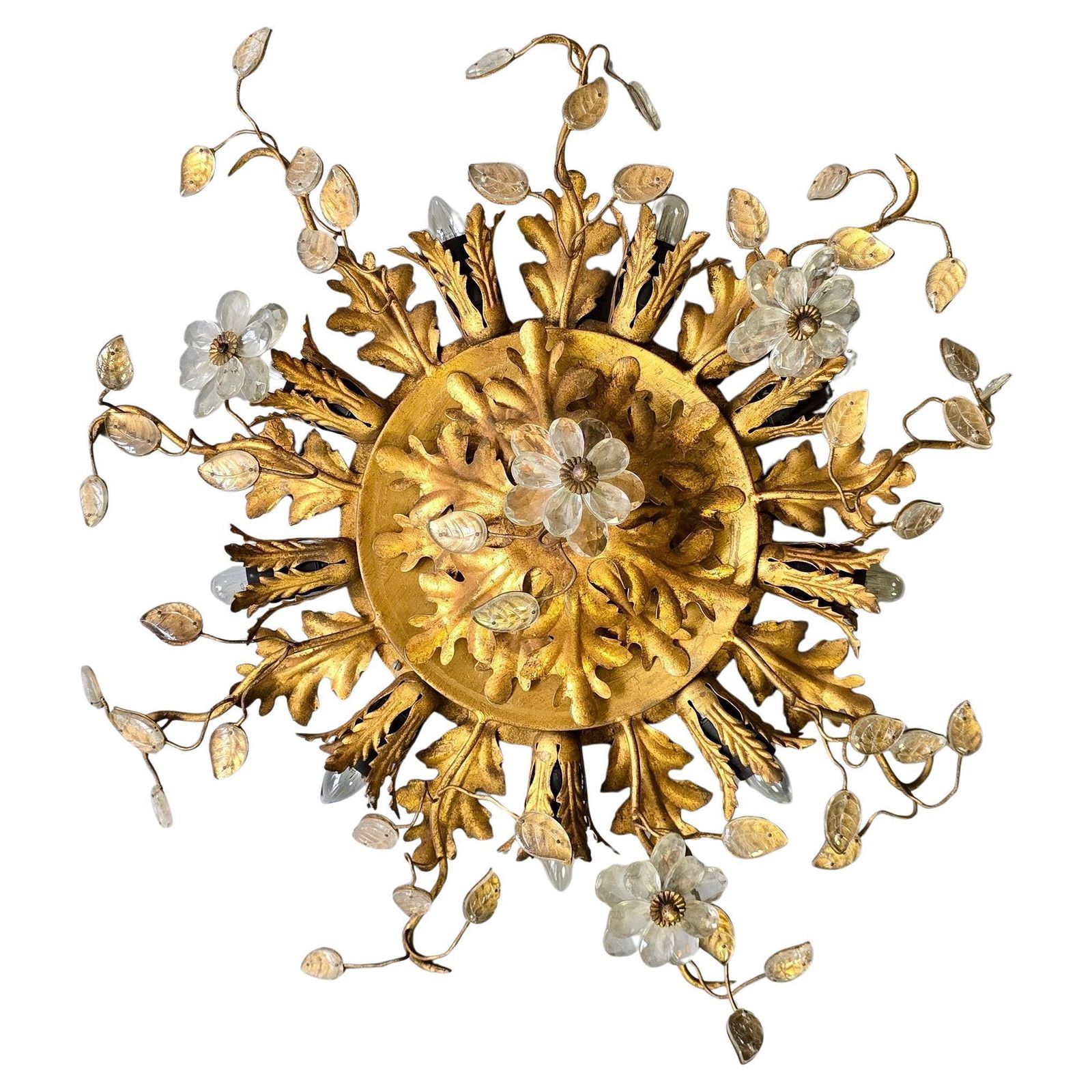 Large Italian Gilt Metal And Crystal Floral Flush Mount, 1960s